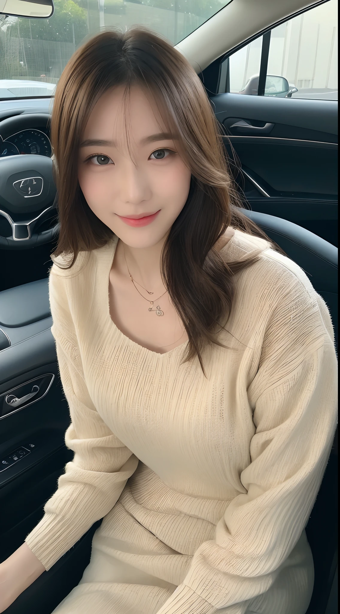 ((top-quality、8k、masterpiece:1.3))、focus:1.2、Perfect Body Beauty:1.4、s ass:1.2、((delicate hair))、(sweater dress:1.1)、(sportscar、street:1.2)、Highly detailed facial and skin texture、Narrow-eyed、二重まぶた、Whitened skin、a smile、a necklace、gyuru、Person sitting in a car、爆乳