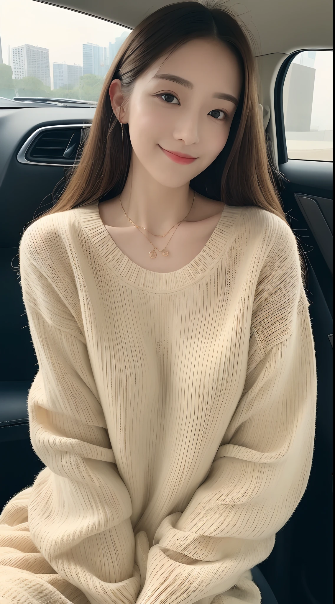 ((top-quality、8k、​masterpiece:1.3))、focus:1.2、Perfect Body Beauty:1.4、s ass:1.2、((delicate hair))、(sweater dress:1.1)、(sportscar、street:1.2)、Highly detailed facial and skin texture、Narrow-eyed、二重まぶた、Whitened skin、a smile、a necklace、gyuru、Person sitting in a car、爆乳