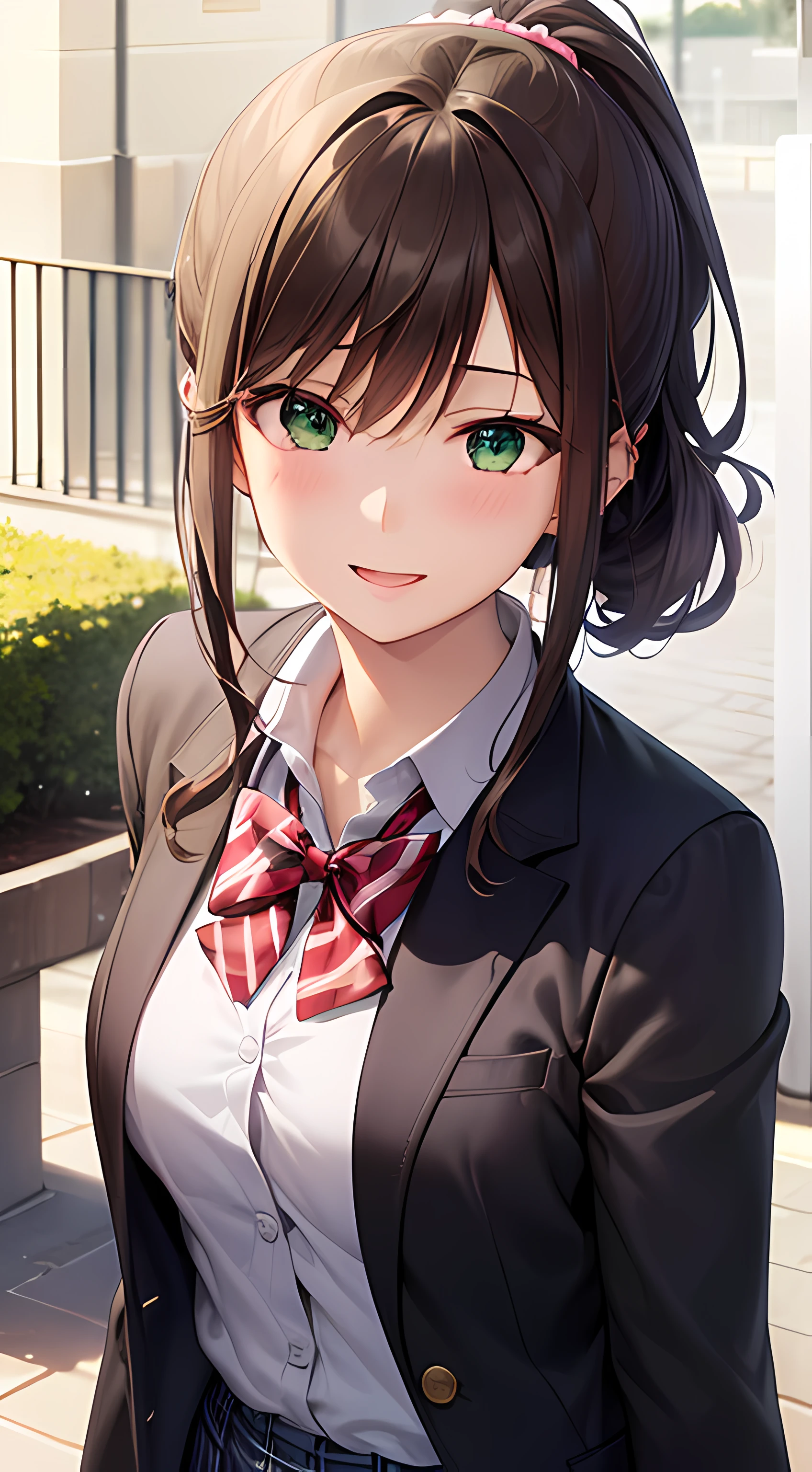 ((masterpiece, best quality, highres, UHD, perfect pixel, depth of field, 4k, RTX, HDR))), 1girl, single, solo, beautiful anime girl, beautiful artstyle, anime character, ((long hair, bangs, dark brown hair, curly hair:0.4, simple hair pin, ponytail)), ((green eyes:1.4, rounded eyes, beautiful eyelashes, realistic eyes)), ((detailed face, blushing:1.2)), ((smooth texture:0.75, realistic texture:0.65, photorealistic:1.1, anime CG style)), medium breasts, ((dynamic angle, portrait)), perfect body, ((red bowtie, school uniform, black jacket, open jacket, brown cardigan, white shirt, black skirt, plaid skirt)), smile, open mouth, amusement park, cherry blossoms