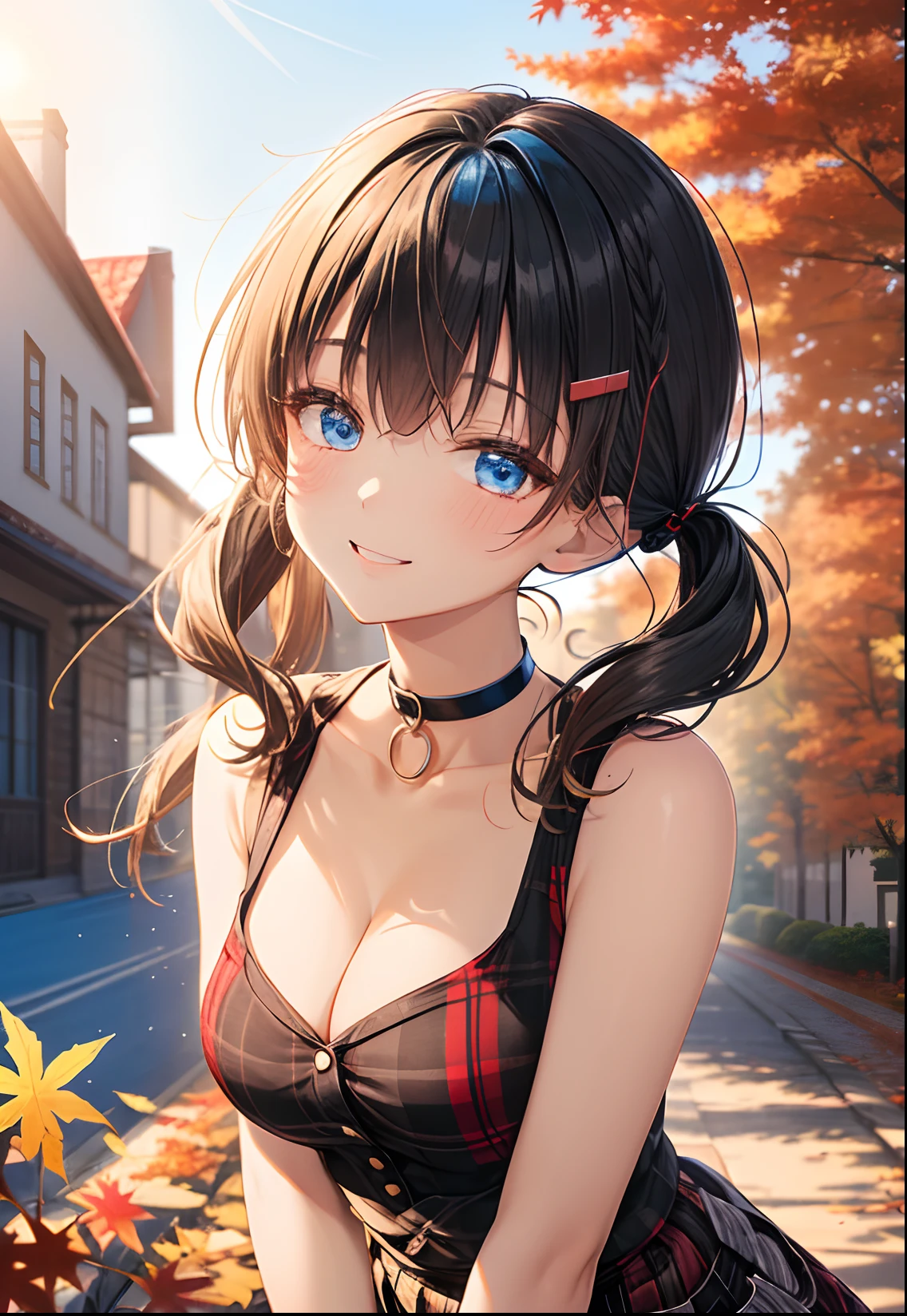absurderes, ultra-detailliert,bright colour, extremely beautiful detailed anime face and eyes,;D,(Black sleeveless knit),(Red and black plaid long skirt:1.5),(cleavage:1.3),shiny_skin,25 years old, Short hair, , asymmetrical bangs, Blonde hair with short twin tails, Shiny hair, Delicate beautiful face, red blush、(Deep Blue Eyes:1.3), White skin, hair clips, Westerner in front of the house、(looking distantly:1.3)、Happy smile、I closed one eye、Slender body、(Blue sky in autumn:1.2)、(sun light)、a choker、