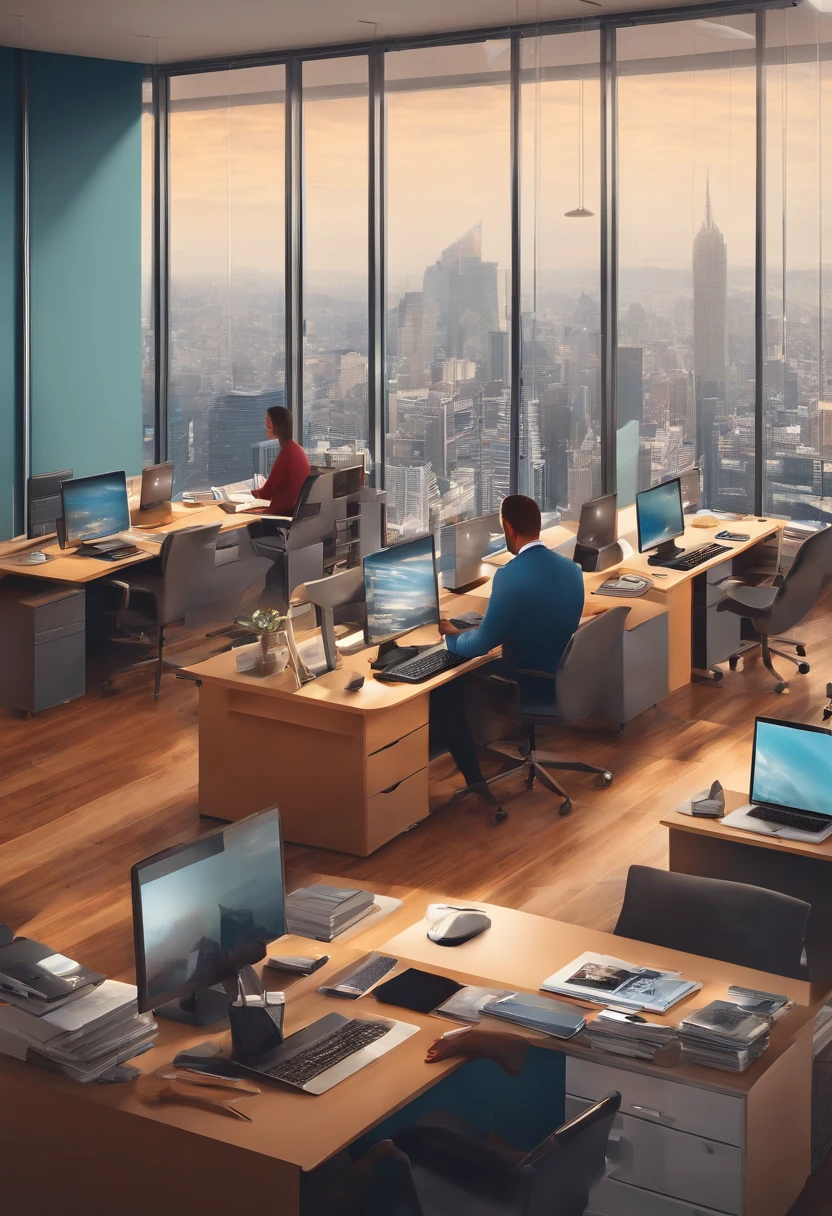 Personas sentadas en escritorios en una oficina con vistas a una ciudad, Trabajar en una oficina, Personas en el trabajo, Antecedentes de la oficina, Fellows, Oficina abierta, en un espacio de trabajo de espacio abierto, Occupied room, Oficinas, sentado en la oficina, Oficina moderna, en una oficina, Personas sentadas en mesas, Gente ocupada, Antecedentes interesantes, sentado frente a una computadora