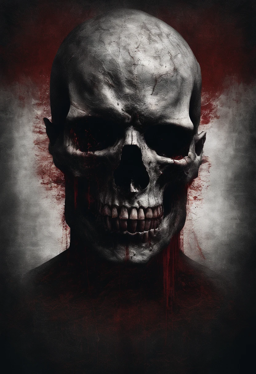 (highres:1.2),detailed portrait of a half-human, half-skull bust, occasional glitches, snowy screen texture, blood-red hues, surrealistic atmosphere, subtle vignetting, dimly lit, blurred features