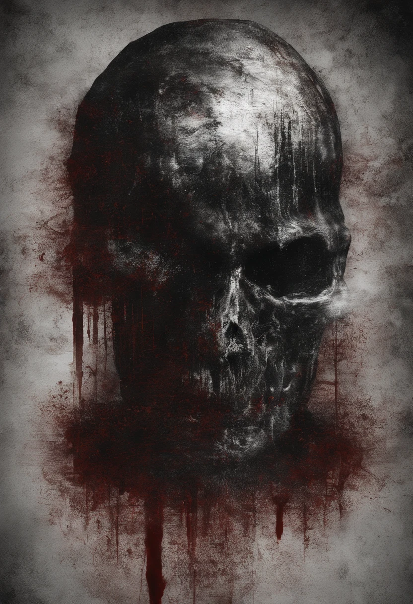 (highres:1.2),detailed portrait of a half-human, half-skull bust, occasional glitches, snowy screen texture, blood-red hues, surrealistic atmosphere, subtle vignetting, dimly lit, blurred features
