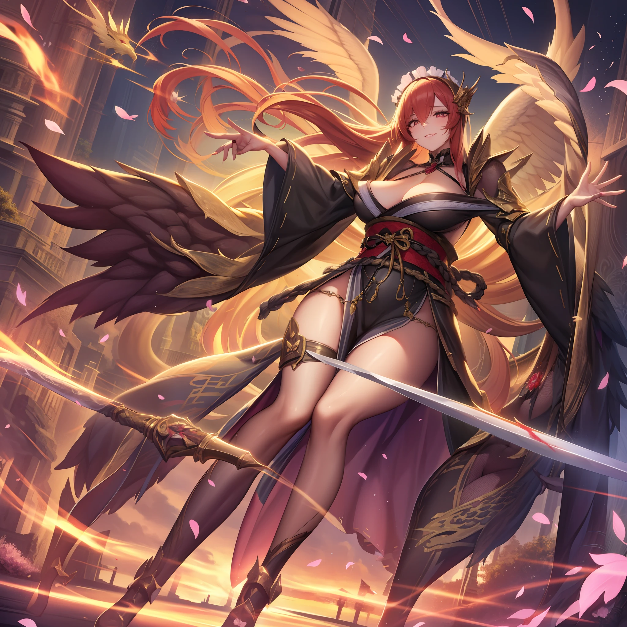 1girl in、nightcity、Sateen、Kimono without sleeves、A dark-haired、Holding a weapon with blood on it、Looking at the camera、Cherry blossoms are dancing，Unusually resistant、red blush、Looks distressed、Pleasant face、shrine maiden、valkyrie、Angel wings、a navel、sideboob barbosa、with an intricate、Particles of light、thighs thighs thighs thighs、shinny skin、Perfect litthing、1girl in、looking at the viewers、Winged headgear、pelvis curtain、A smile、(​masterpiece)、(top-quality)、Very gigantic-breasts、maternal、Porcelain Skin、Very long hair、hair wavy、Royal sister，femele，A queen，putting on a crown，There are a lot of golden lightning around，sitting in a throne，Bangs cover the eyes，Black Suspender Socks，Black Lace Top，，High jump，Grab Erlang's leg，，Black Silk Top，married woman，mothers，domineering，smil，The corners of the mouth are raised，Red and gold eyes，Black silk erotic underwear，Black top，Black Silk Gloves，I have a gorse tattoo on my chest and thigh，There are many golden dragon scales on the arms，There are many golden dragon scales on the neck，Bright eye，dragon eyes，Snake's Eye，Upright pupils，There are golden stripes on the clothes，There is a golden pattern on the clothes，The socks have a golden pattern，tall figure，Expose the outside of the chest，Twisted blade hanging over the shoulder，Larger breasts ，With elongated dragon horns，Giant Golden Dragon Wings，Giant Golden Dragon Wings，Huge golden dragon wings as big as a body，The body is covered with huge golden dragon wings，golden pupils，Just a pair of wings，large wings，The biggest dragon wings,The biggest dragon wings，There are golden scales on the neck，Fingers are golden dragon claws，The elongated tail of the golden dragon、1girl in、nightcity、Sateen、Kimono without sleeves、A dark-haired、Holding a weapon with blood on it、Looking at the camera、Cherry blossoms are dancing，Strong best quality, (Extremely detailed: 1.5), masutepiece, 超A high resolution,(photographrealistic:1.4), 1 beautiful girl, Cowboy Shot, (Wear battle armor:1.4), (Wear battle ar