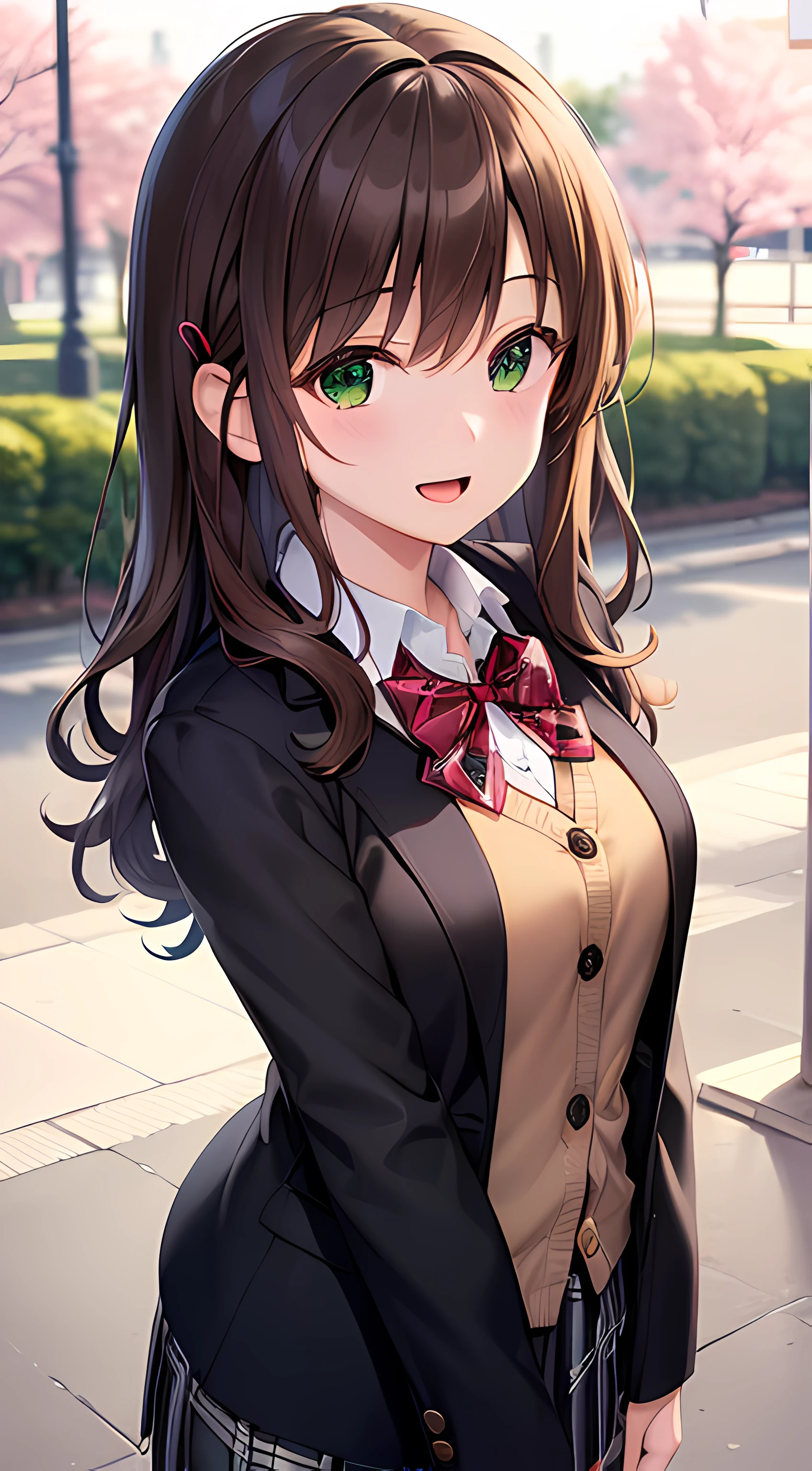 ((masterpiece, best quality, highres, UHD, perfect pixel, depth of field, 4k, RTX, HDR))), 1girl, single, solo, beautiful anime girl, beautiful artstyle, anime character, ((long hair, bangs, brown hair, curly hair:0.8)), ((green eyes:1.4, rounded eyes, beautiful eyelashes, realistic eyes)), ((detailed face, blushing:1.2)), ((smooth texture:0.75, realistic texture:0.65, photorealistic:1.1, anime CG style)), medium breasts, dynamic angle, perfect body, ((portrait, pov)), ((red bowtie, , black jacket, open jacket, brown cardigan, white shirt, black skirt, plaid skirt)), smile, amusement park