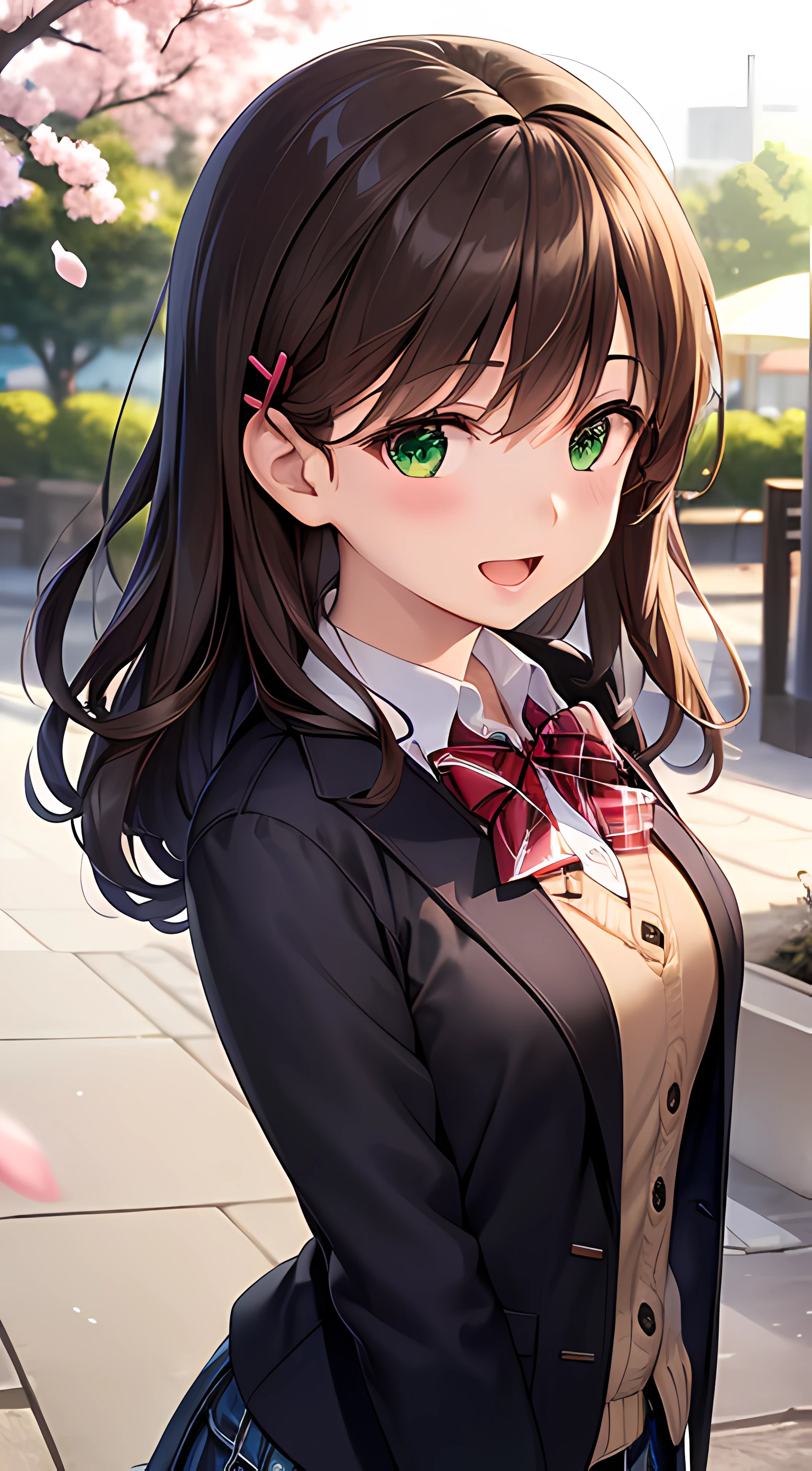 ((masterpiece, best quality, highres, UHD, perfect pixel, depth of field, 4k, RTX, HDR))), 1girl, single, solo, beautiful anime girl, beautiful artstyle, anime character, ((long hair, bangs, dark brown hair, curly hair:0.4, simple hair pin)), ((green eyes:1.4, rounded eyes, beautiful eyelashes, realistic eyes)), ((detailed face, blushing:1.2)), ((smooth texture:0.75, realistic texture:0.65, photorealistic:1.1, anime CG style)), medium breasts, ((dynamic angle, pov, portrait)), perfect body, ((red bowtie, school uniform, black jacket, open jacket, brown cardigan, white shirt, black skirt, plaid skirt)), smile, open mouth, amusement park, cherry blossoms
