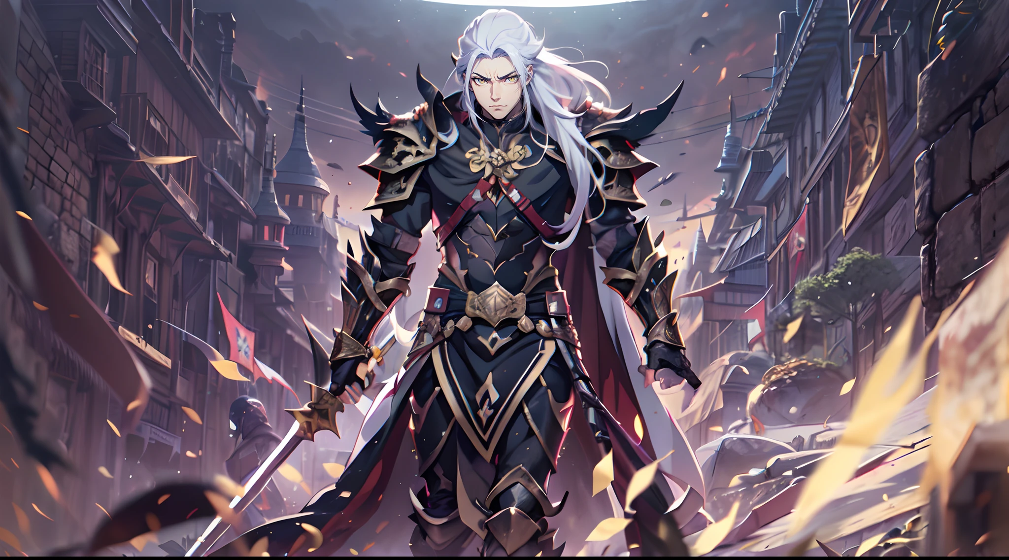 1 Boy, Xin From Kingdom Anime, Armored With Pure Black Warlord Armor With A Cape, Ultra High Definition, 8k, Handsome, Black And Yellow Pupil Eyes, Long White Hair, Ancient Kingdom Background, Extremely Detailed, Holding A Long Spear, Body To Leg Body Shot,