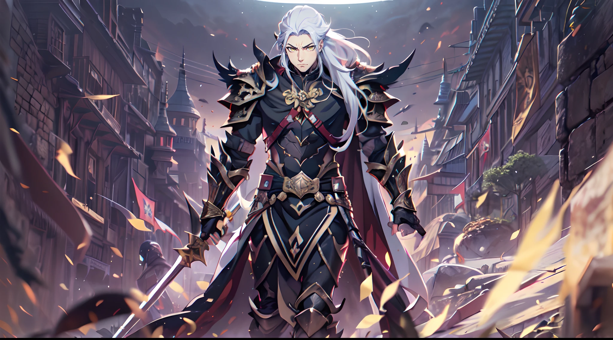 1 Boy, Xin From Kingdom Anime, Armored With Pure Black Warlord Armor With A Cape, Ultra High Definition, 8k, Handsome, Black And Yellow Pupil Eyes, Long White Hair, Ancient Kingdom Background, Extremely Detailed, Holding A Long Spear, Body To Leg Body Shot,