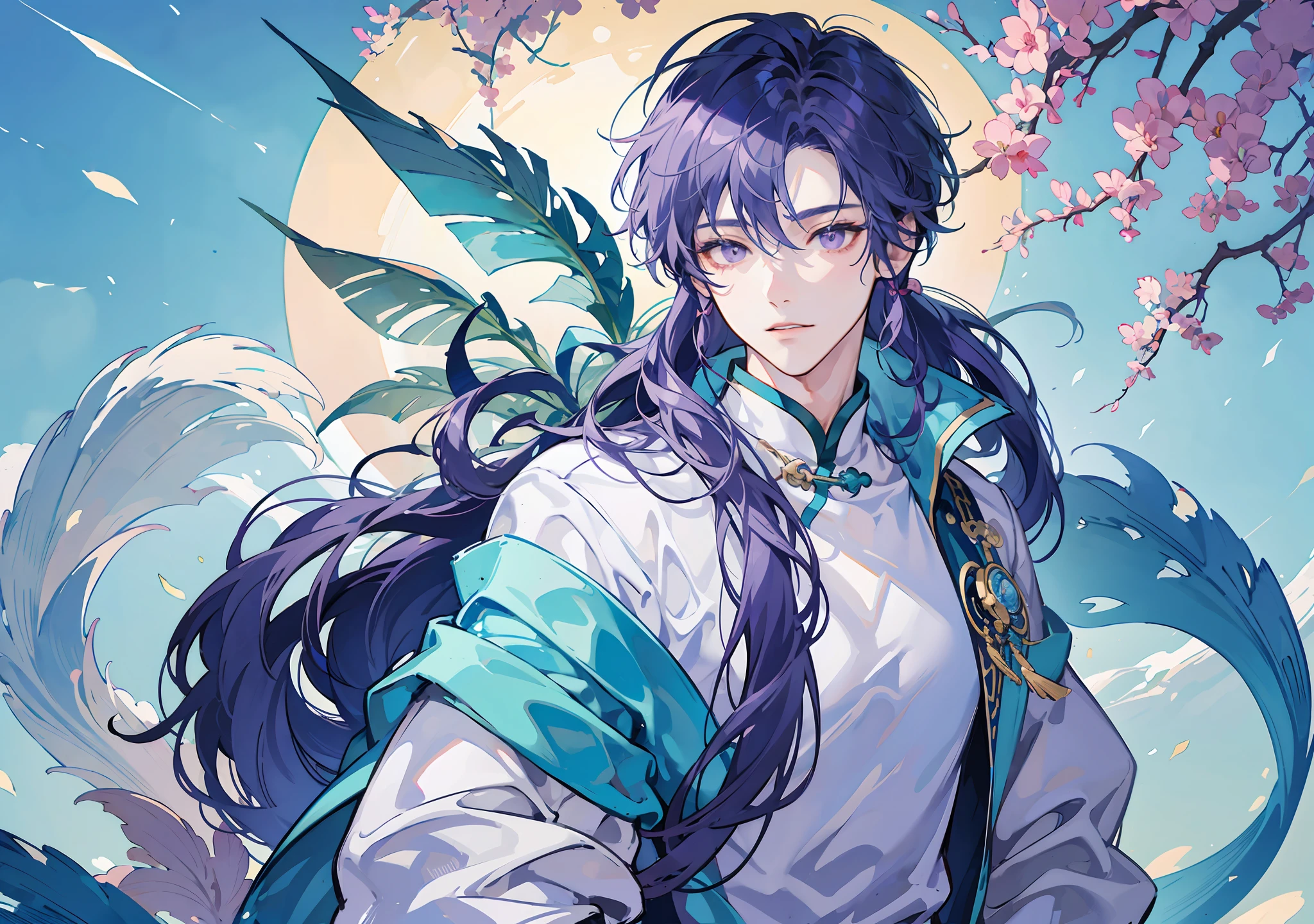A male teenage is depicted in anime style, red eyes, silver long hair, smiling bashful and blissfully, shy, virtuous, cute, blissful and gentle expression, graceful gesture, wearing white gothic formal style costume, shinny white holy church background, a holy priest vampire, holy aura