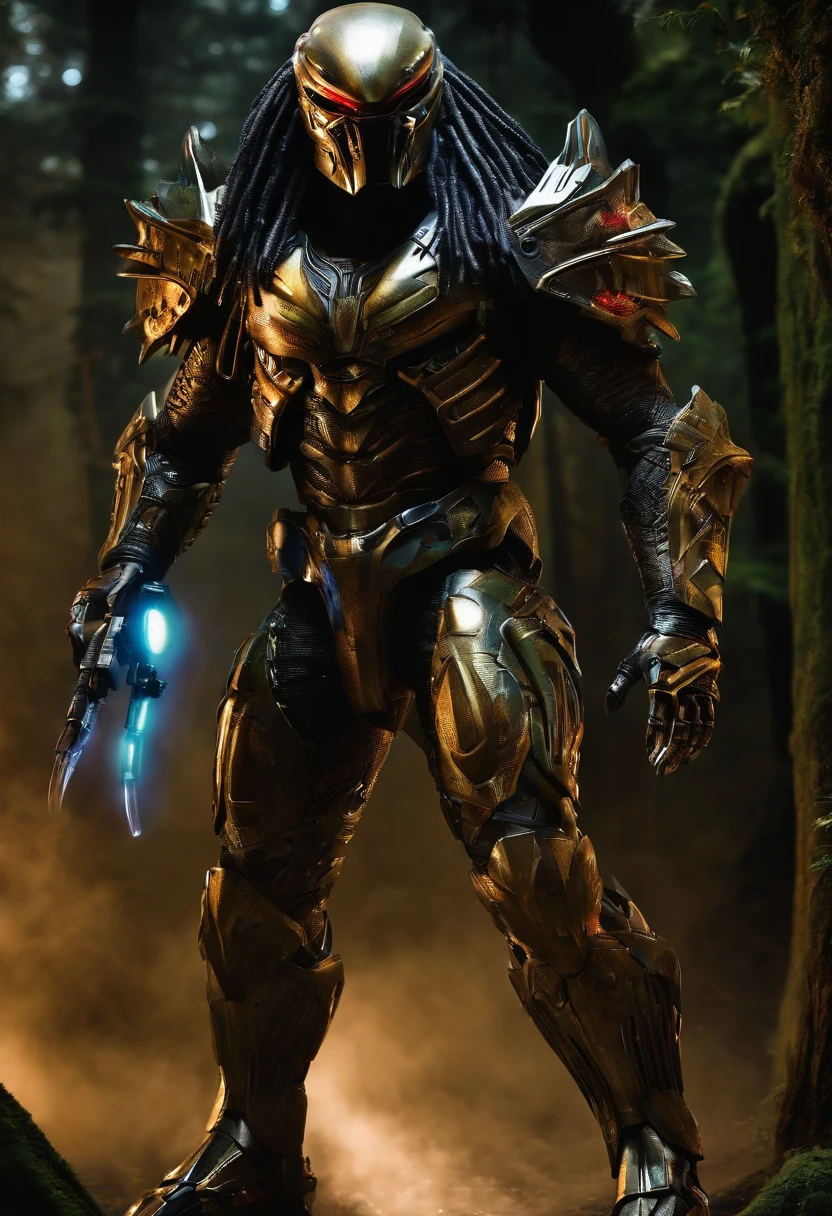 predator,full body photo,gray skin with scales, cyber, technological silver armor, robotic armor, batman, authentic background