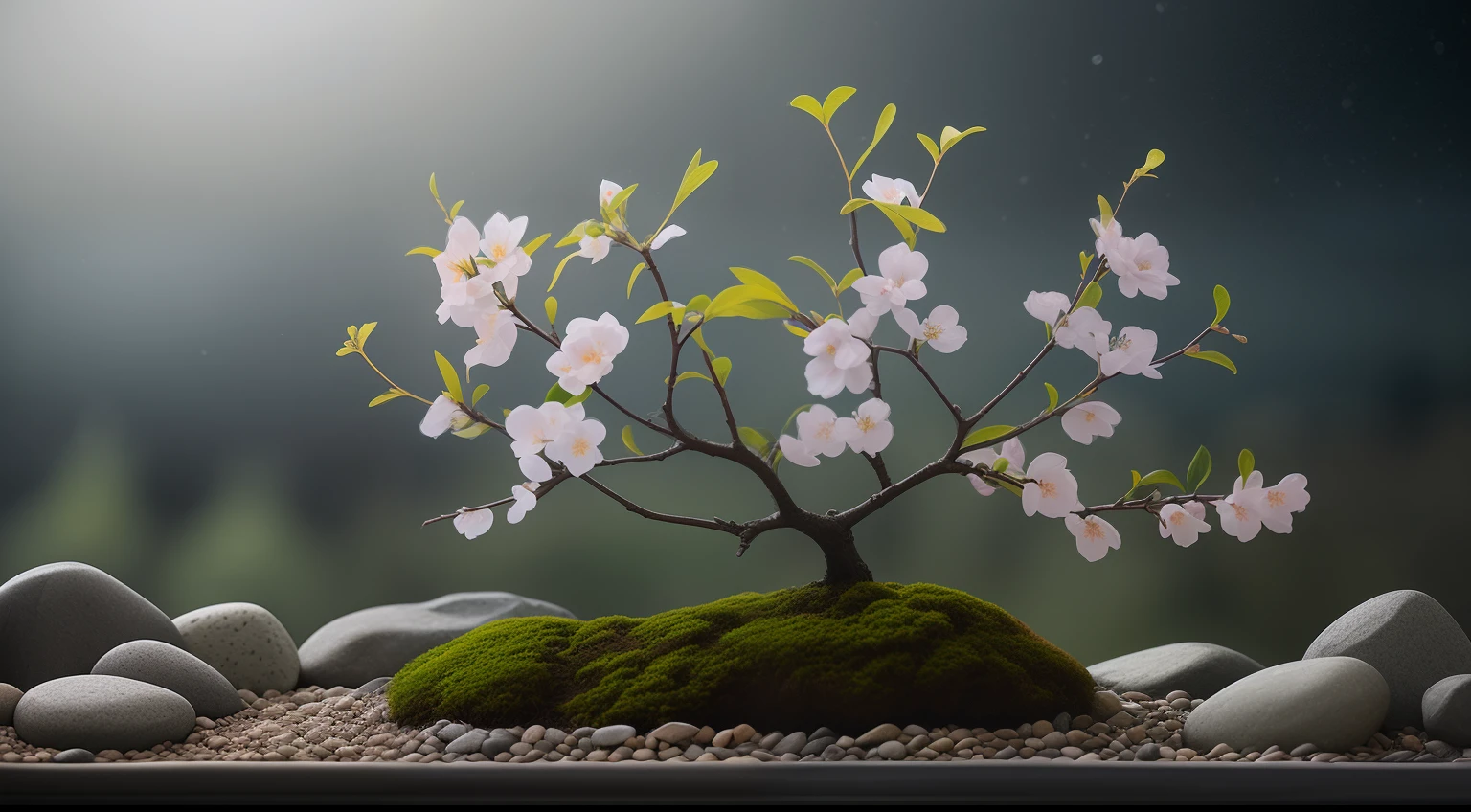 Plants, Snowflakes (Food Bar), Still Life, Winter, Peach Blossoms, Rock Garden, Bonsai Fog, Haze, Fine Details, Ultra Fine Details, Intricate Details, Film Style, Surrealist Soft Light, Studio Lighting, Diffuse Soft Light, Shallow Depth of Field, Sharp Focal Cluster, Ray Tracing, Subsurface Scattering, Ultra-detailed (Complex, Detailed, Ultra-Refined) Detail, Surrealism, (marble) dark sky