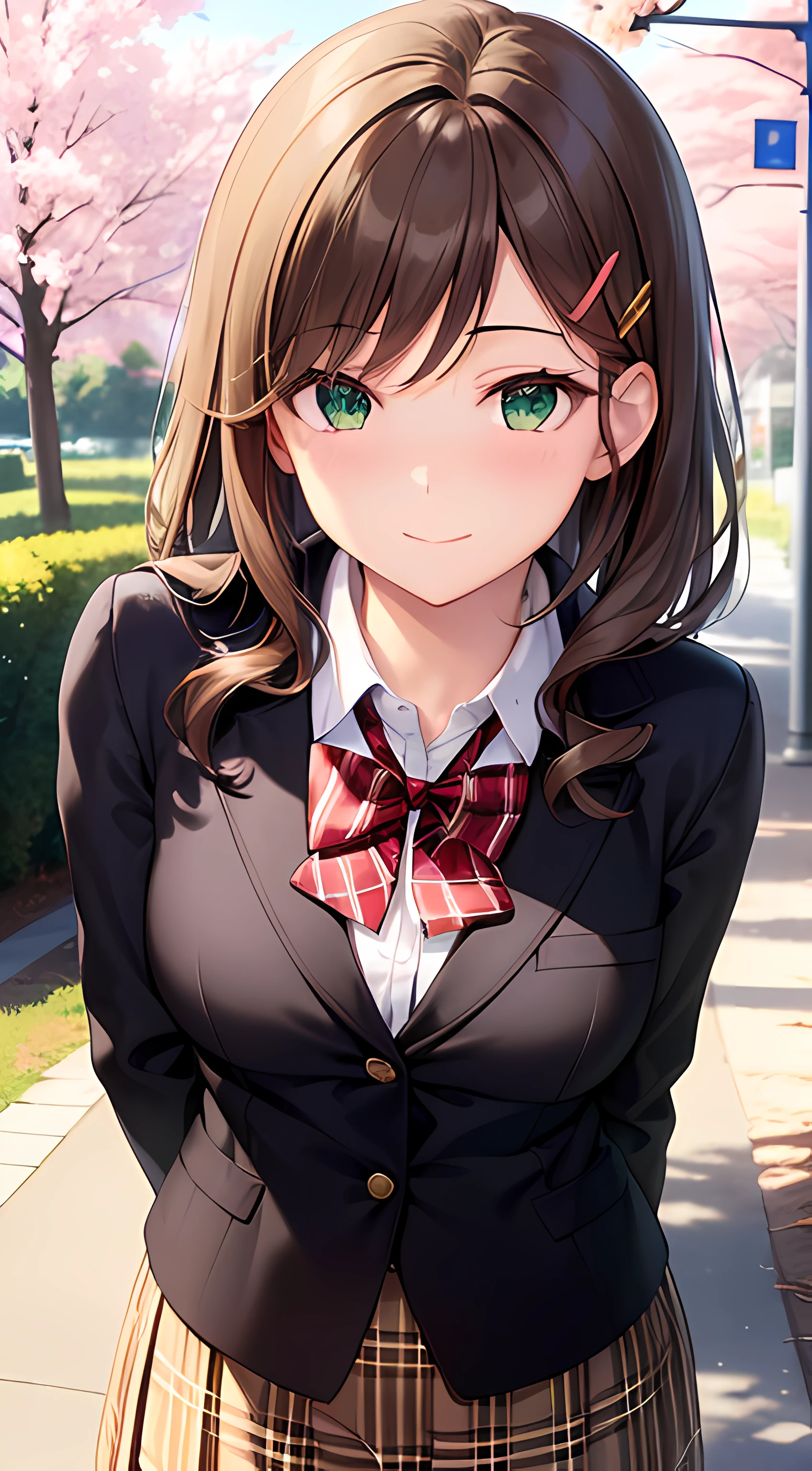 ((masterpiece, best quality, highres, UHD, perfect pixel, depth of field, 4k, RTX, HDR))), 1girl, single, solo, beautiful anime girl, beautiful artstyle, anime character, ((long hair, bangs, dark brown hair, curly hair:0.4, simple hair pin)), ((green eyes:1.4, rounded eyes, beautiful eyelashes, realistic eyes)), ((detailed face, blushing:1.2)), ((smooth texture:0.75, realistic texture:0.65, photorealistic:1.1, anime CG style)), medium breasts, ((dynamic angle, pov, close up)), perfect body, ((red bowtie, school uniform, black jacket, open jacket, brown cardigan, white shirt, black skirt, plaid skirt)), smile, amusement park, hands behind back, leaning forward, cherry blossoms