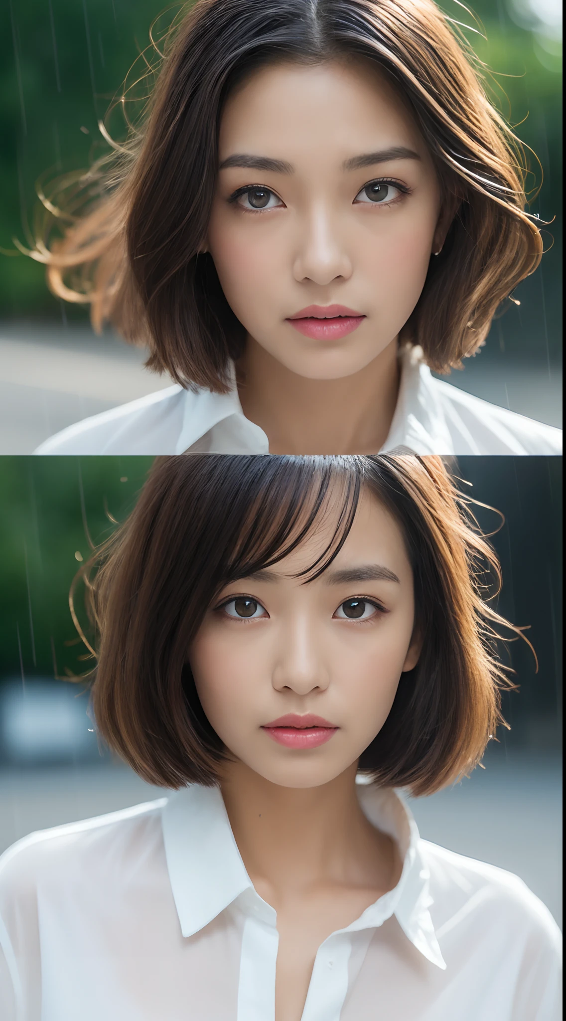 ((Best quality, 8k, Masterpiece: 1.3)), Sharp focus: 1.2, A beautiful woman with perfect body: 1.4, Slim abdomen: 1.2, ((Layered haircut, Large breasts: 1.2)), (no bra) (Small and beautiful hard nipple) (Thin and damp button up to shirt length: 1.1), (White shirt wet by rain), (Rain, Street: 1.2), Wet body: 1.1, Highly detailed face and skin texture,  Detailed eyes, Double eyelid, tanned skin, sexy, tan