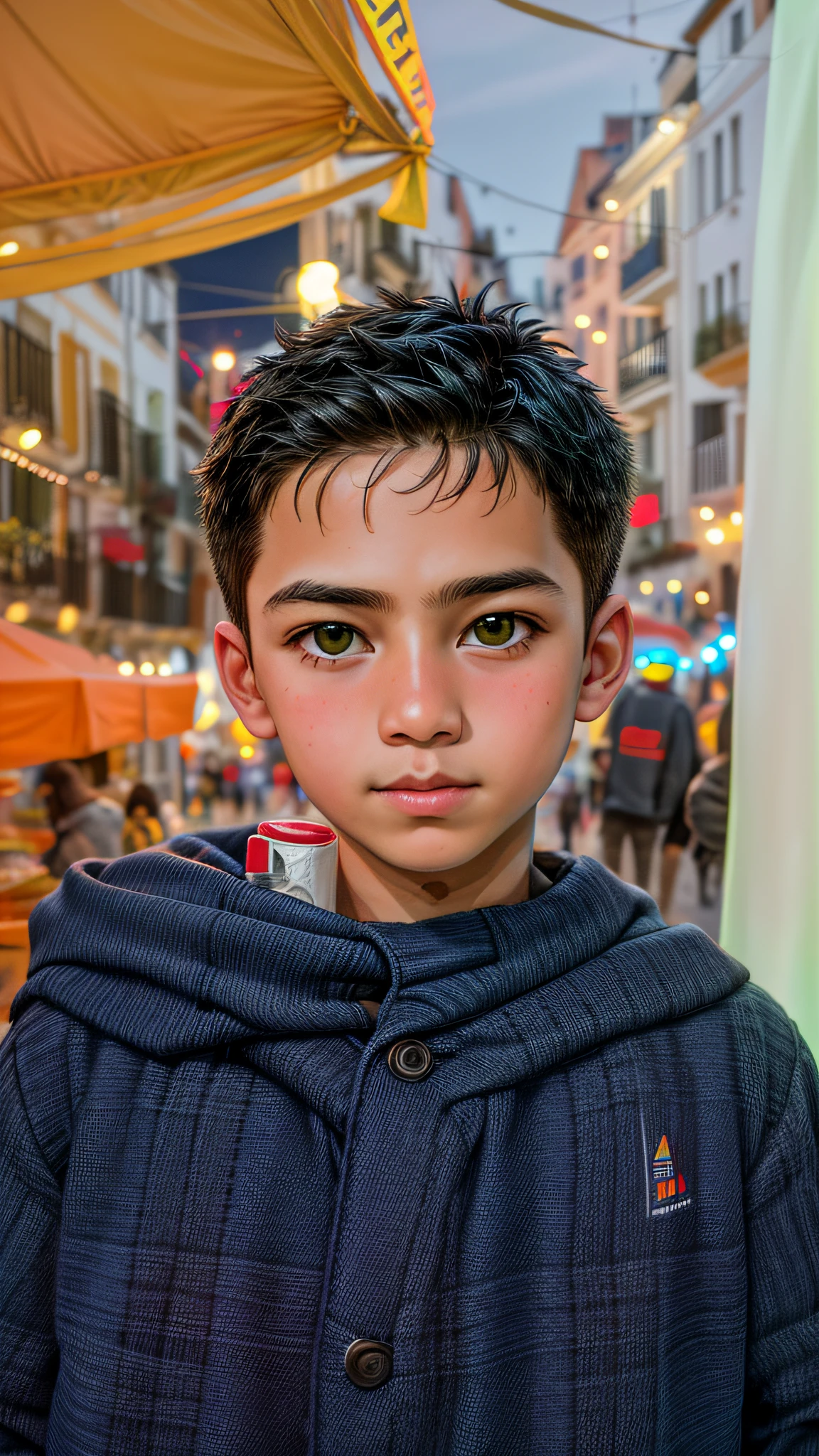 Foto RAW, A portrait photo of a 7--old er boy in casual clothes, noche, calle de la ciudad (piel muy detallada: 1.2), 8k uhd, dslr, soft illuminaotion, alta calidad, movie grain, Fujifilm XT3