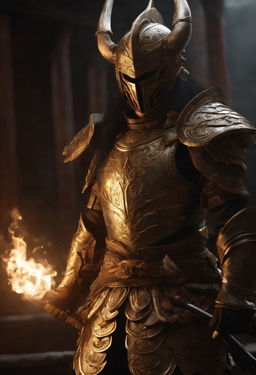 warrior, concept-art, author:Kishiganku, Fantasy art, Zen temple background, clean render, a horned, Wear a set of armor, Detailed bushido form smoke, helmet of a forgotten deity, character is standing, 8k Realistic, in game render, detailed face background detail, Art station front page, taur, Pseudo-medieval fantasy, A deity wearing koi armor, detailed bronze armor, Bronze armor, golden etched armor, gold obsidian armor, Light gold armor, Gorgeous filigree armor, A demonic warrior, Gorgeous armor full of thorns, Intricate assasin armor, Intricate metal armor, powerful warrior, Dressed in gorgeous golden armor,Decorated with intricate patterns, The helmet has a large crown and two horns, Everything is in the dark, The smoky background alludes to battle scenes, Add an ominous aura to his character