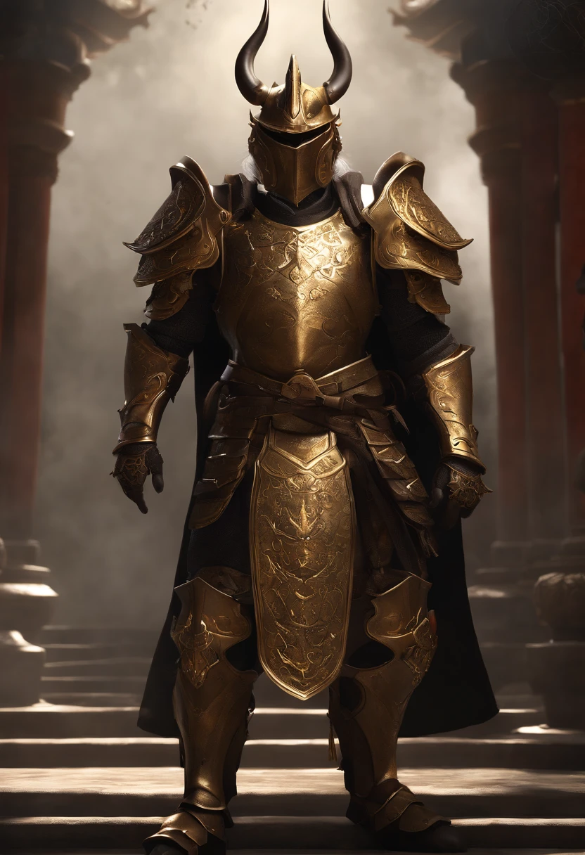 warrior, concept-art, author：Kishiganku, Fantasy art, Zen temple background, clean render, a horned, Wear a set of armor, Detailed bushido form smoke, helmet of a forgotten deity, character is standing, 8k Realistic, in game render, detailed face background detail, Art station front page, taur, Pseudo-medieval fantasy, A deity wearing koi armor, detailed bronze armor, Bronze armor, golden etched armor, gold obsidian armor, Light gold armor, Gorgeous filigree armor, A demonic warrior, Gorgeous armor full of thorns, Intricate assasin armor, Intricate metal armor, powerful warrior, Dressed in gorgeous golden armor，Decorated with intricate patterns, The helmet has a large crown and two horns, Everything is in the dark, The smoky background alludes to battle scenes, Add an ominous aura to his character