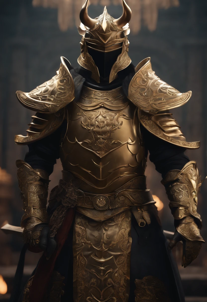 warrior, concept-art, author:Kishiganku, Fantasy art, Zen temple background, clean render, a horned, Wear a set of armor, Detailed bushido form smoke, helmet of a forgotten deity, character is standing, 8k Realistic, in game render, detailed face background detail, Art station front page, taur, Pseudo-medieval fantasy, A deity wearing koi armor, detailed bronze armor, Bronze armor, golden etched armor, gold obsidian armor, Light gold armor, Gorgeous filigree armor, A demonic warrior, Gorgeous armor full of thorns, Intricate assasin armor, Intricate metal armor, powerful warrior, Dressed in gorgeous golden armor,Decorated with intricate patterns, The helmet has a large crown and two horns, Everything is in the dark, The smoky background alludes to battle scenes, Add an ominous aura to his character