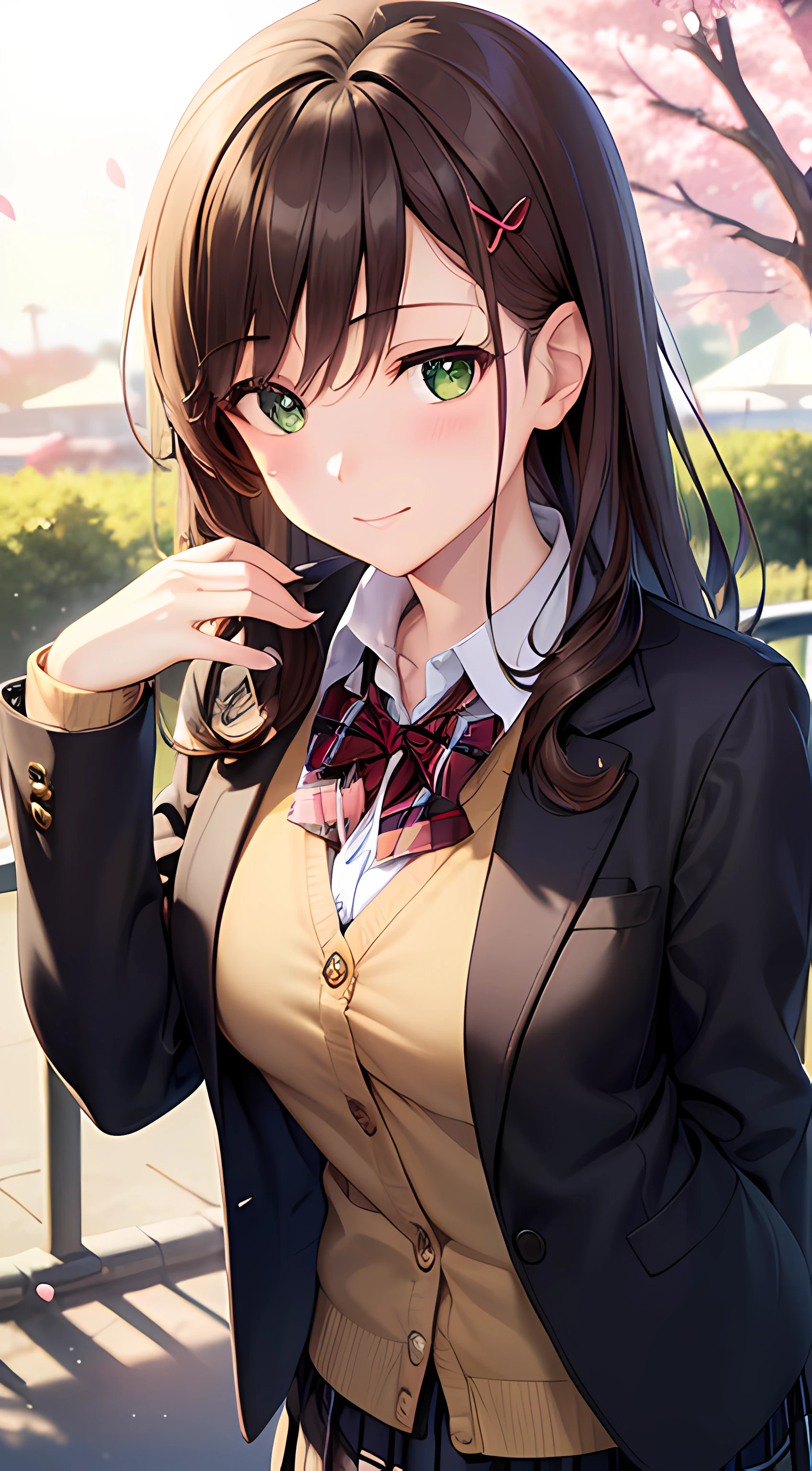 ((masterpiece, best quality, highres, UHD, perfect pixel, depth of field, 4k, RTX, HDR))), 1girl, single, solo, beautiful anime girl, beautiful artstyle, anime character, ((long hair, bangs, dark brown hair, curly hair:0.4, simple hair pin)), ((green eyes:1.4, rounded eyes, beautiful eyelashes, realistic eyes)), ((detailed face, blushing:1.2)), ((smooth texture:0.75, realistic texture:0.65, photorealistic:1.1, anime CG style)), medium breasts, ((dynamic angle, pov, close up)), perfect body, ((red bowtie, school uniform, black jacket, open jacket, brown cardigan, white shirt, black skirt, plaid skirt)), smile, amusement park, hands behind back, leaning forward, cherry blossoms