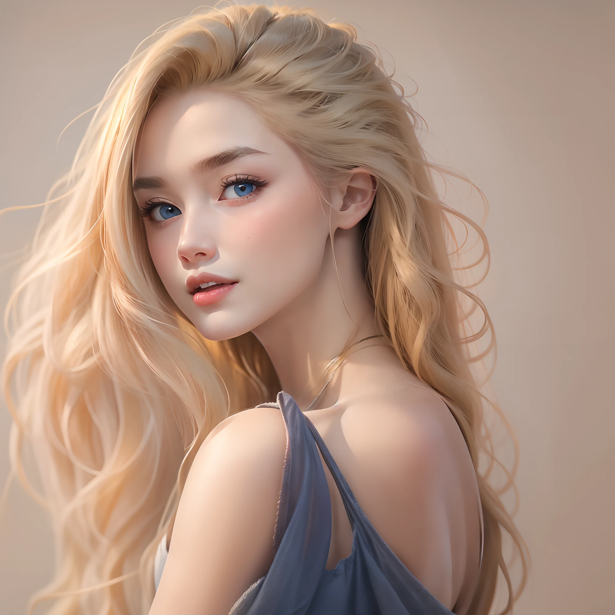 femme blonde aux cheveux longs et robe bleue posant pour une photo, realistic anime art style, photorealistic anime girl render, Smooth anime CG Art, anime realism style, realistic artstyle, Realistic anime girl, gorgeous digital painting, realistic anime 3 d style, beautiful anime portrait, realistic anime art style, Portrait de personnage en gros plan, 3 d anime realistic, Portrait de style anime