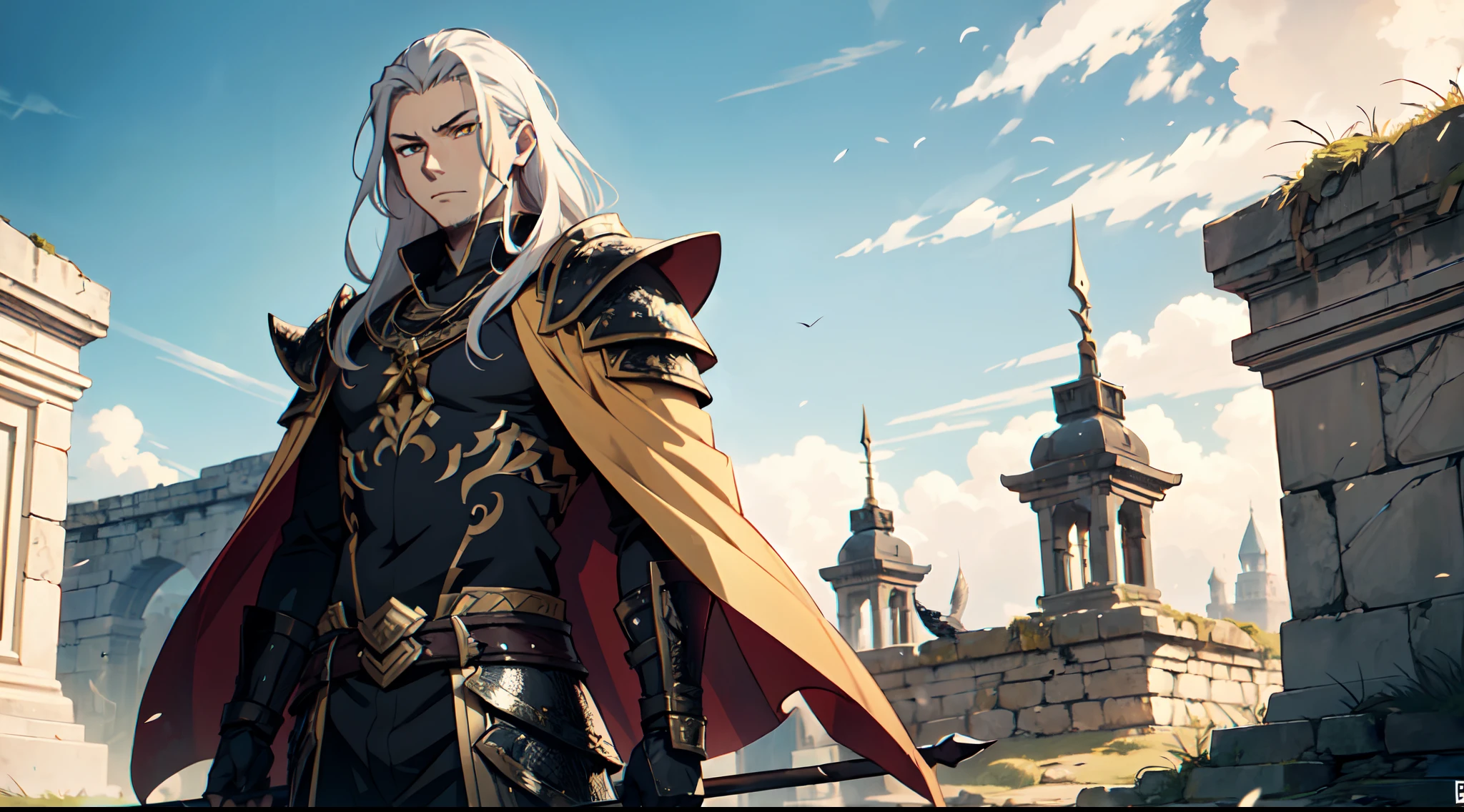 1 Boy, Xin From Kingdom Anime, Armored With Pure Black Warlord Armor With A Cape, Ultra High Definition, 8k, Handsome, Black And Yellow Pupil Eyes, Long White Hair, Ancient Kingdom Background, Extremely Detailed, Holding A Long Spear, Body To Leg Body Shot,