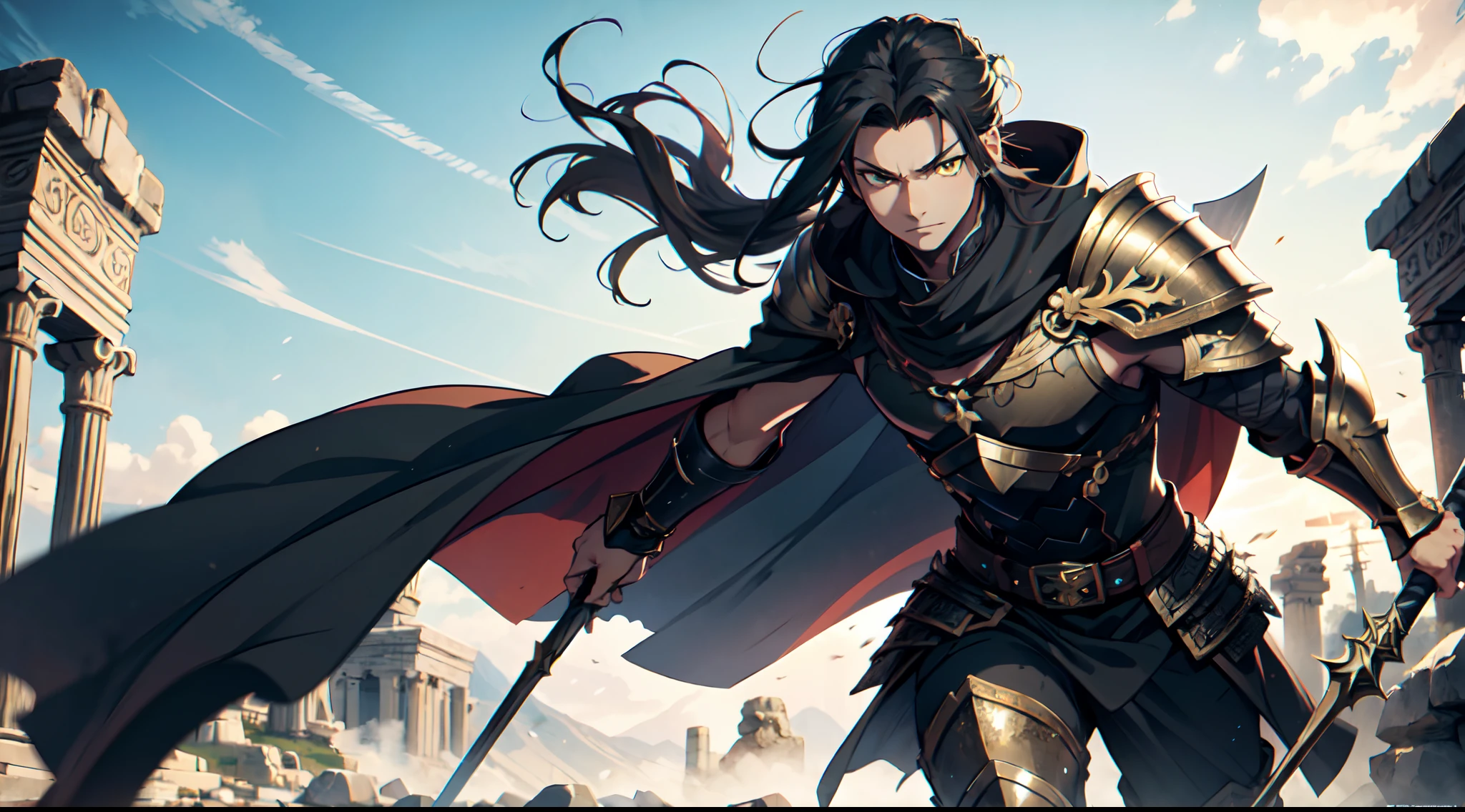 1 Boy, Xin From Kingdom Anime, Armored With Pure Black Warlord Armor With A Cape, Ultra High Definition, 8k, Handsome, Black And Yellow Pupil Eyes, Long White Hair, Ancient Kingdom Background, Extremely Detailed, Holding A Long Spear, Body To Leg Body Shot,
