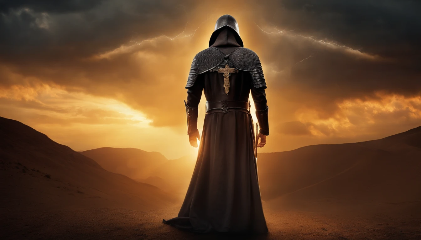 A Knight Templar in Prayer, with hands raised to the sky. Behind her, there is a bright light that represents the presence of God. Crie com cores muito brilhantes, light particles, com luz brilhante, Mshiff, Arte do papel de parede, Papel de parede UHD