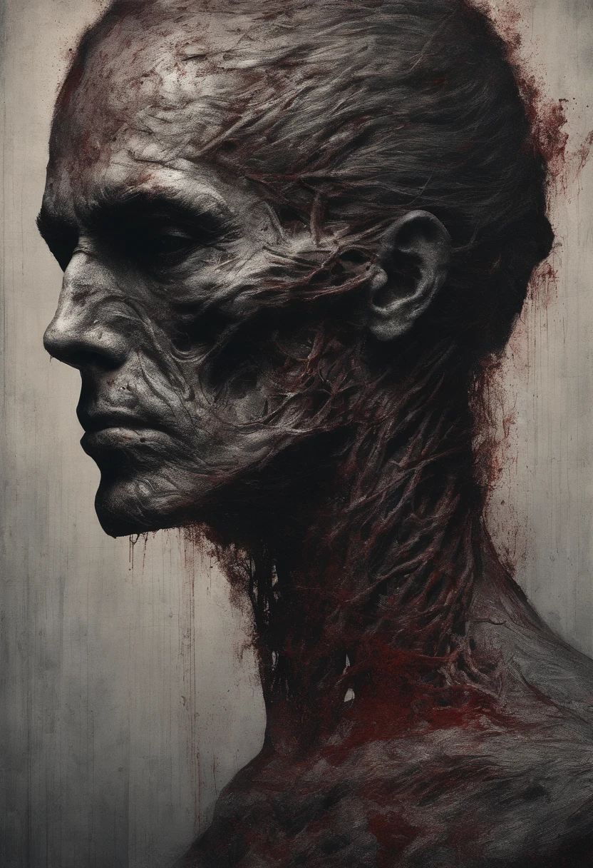 Detailed portrait of a half-man, Hemicranial bust, Occasional breakdowns, Snow screen texture, Blood-red tones, hyperrealistic atmosphere, Subtle vignetting, Dimly lit, Blurred features