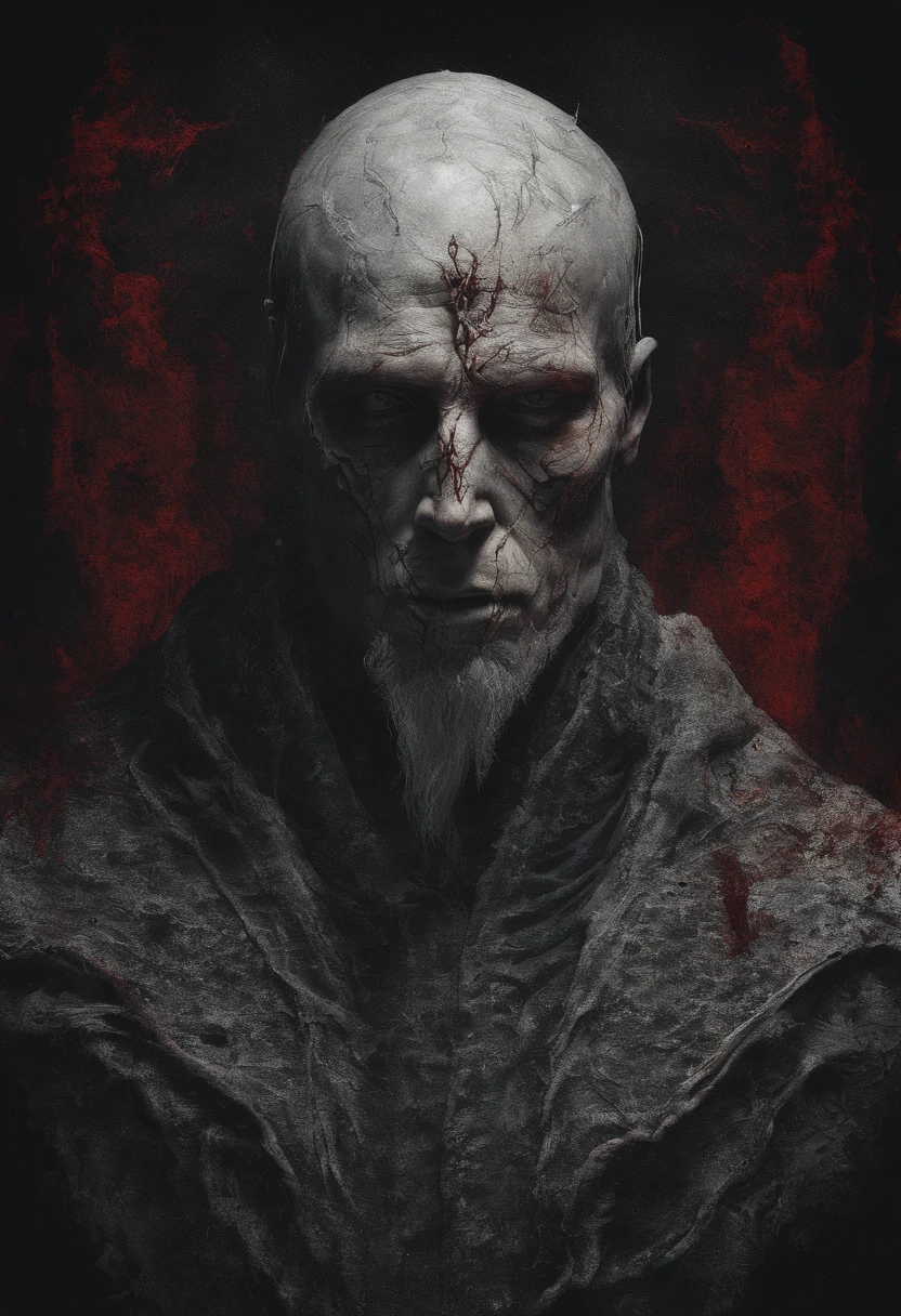 Detailed portrait of a half-man, Hemicranial bust, Occasional breakdowns, Snow screen texture, Blood-red tones, hyperrealistic atmosphere, Subtle vignetting, Dimly lit, Blurred features