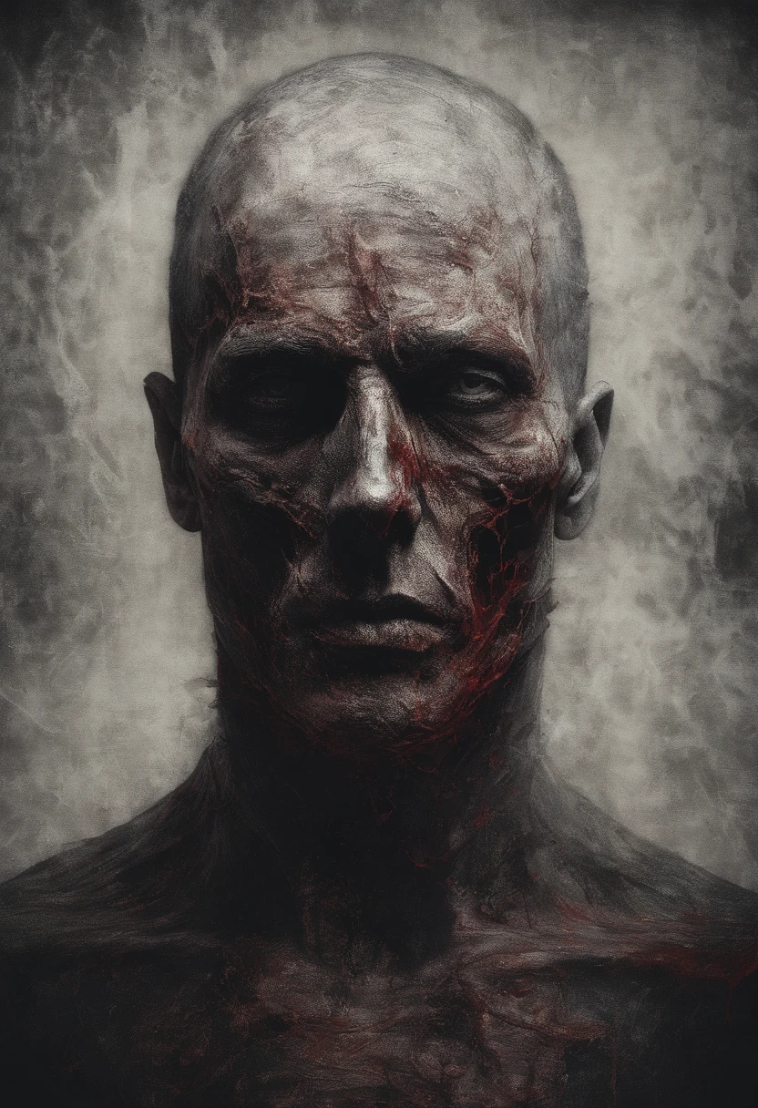 Detailed portrait of a half-man, Hemicranial bust, Occasional breakdowns, Snow screen texture, Blood-red tones, hyperrealistic atmosphere, Subtle vignetting, Dimly lit, Blurred features