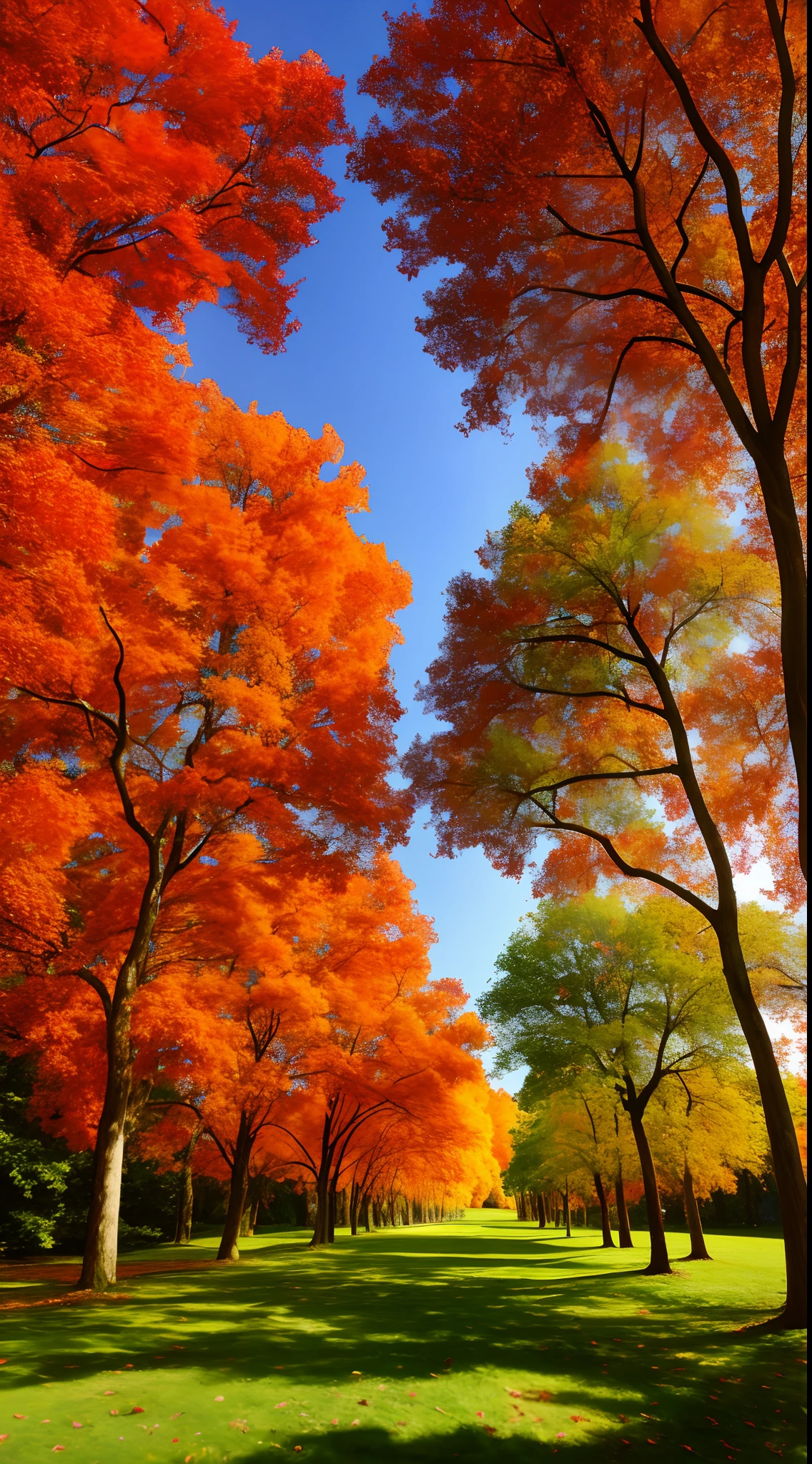 Generate an image of a landscape with trees full of colorful leaves. The camera angle should be from the front, highlighting the trees in the foreground. Focus on the leaves in shades of red, orange and yellow. Center the image to emphasize the beauty of the featured trees. The desired style is a realistic style, with defined lines for the shapes of the trees and details on the leaves. The image should be in black and white, with no colors, with banchs, impressionism style, Monet Style.