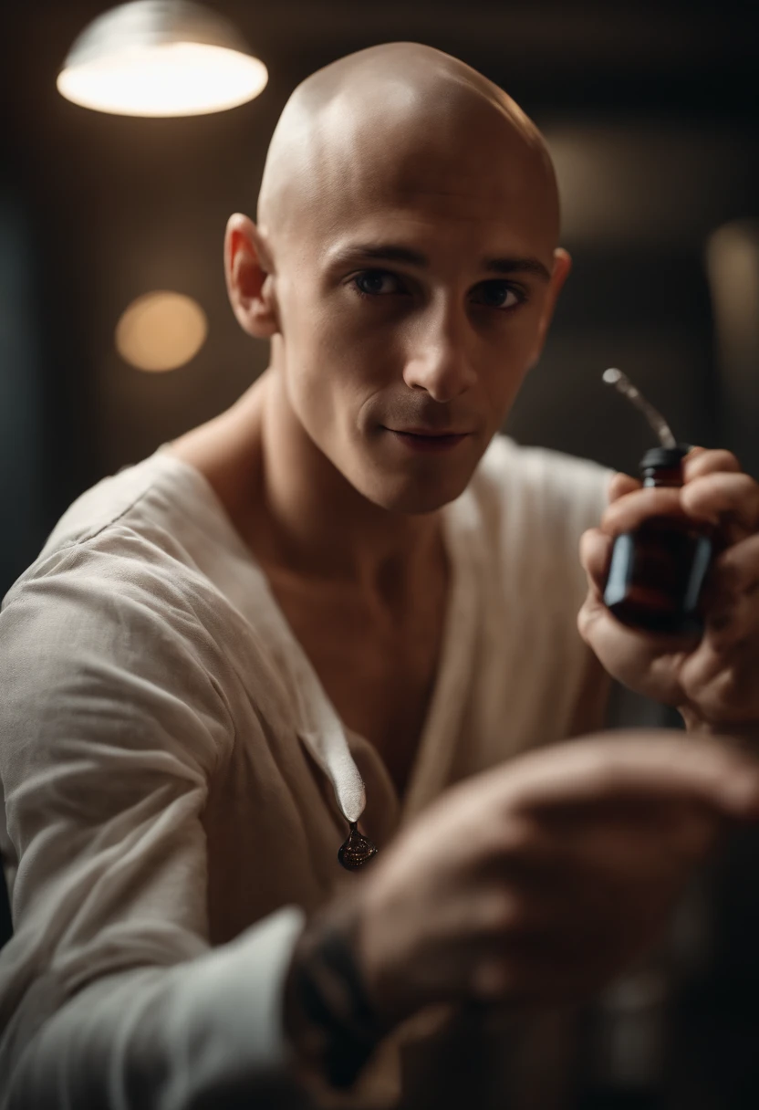 Portrait of a young hairless putting a liquid in the armpit coke a dropper he is very excited because he thinks that the liquid will make him grow the beauty of the armpit