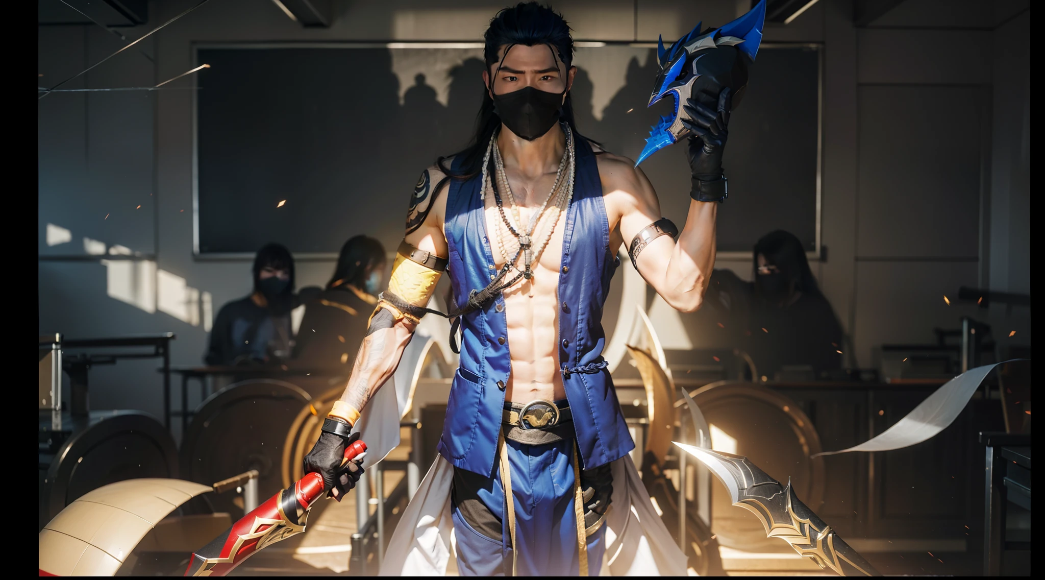 1man, Hanzo from Mobile Legends, Ninja , Teacher, Badass, Mad , Black Masker, White hair, Shadow behind him, UHD,4K,