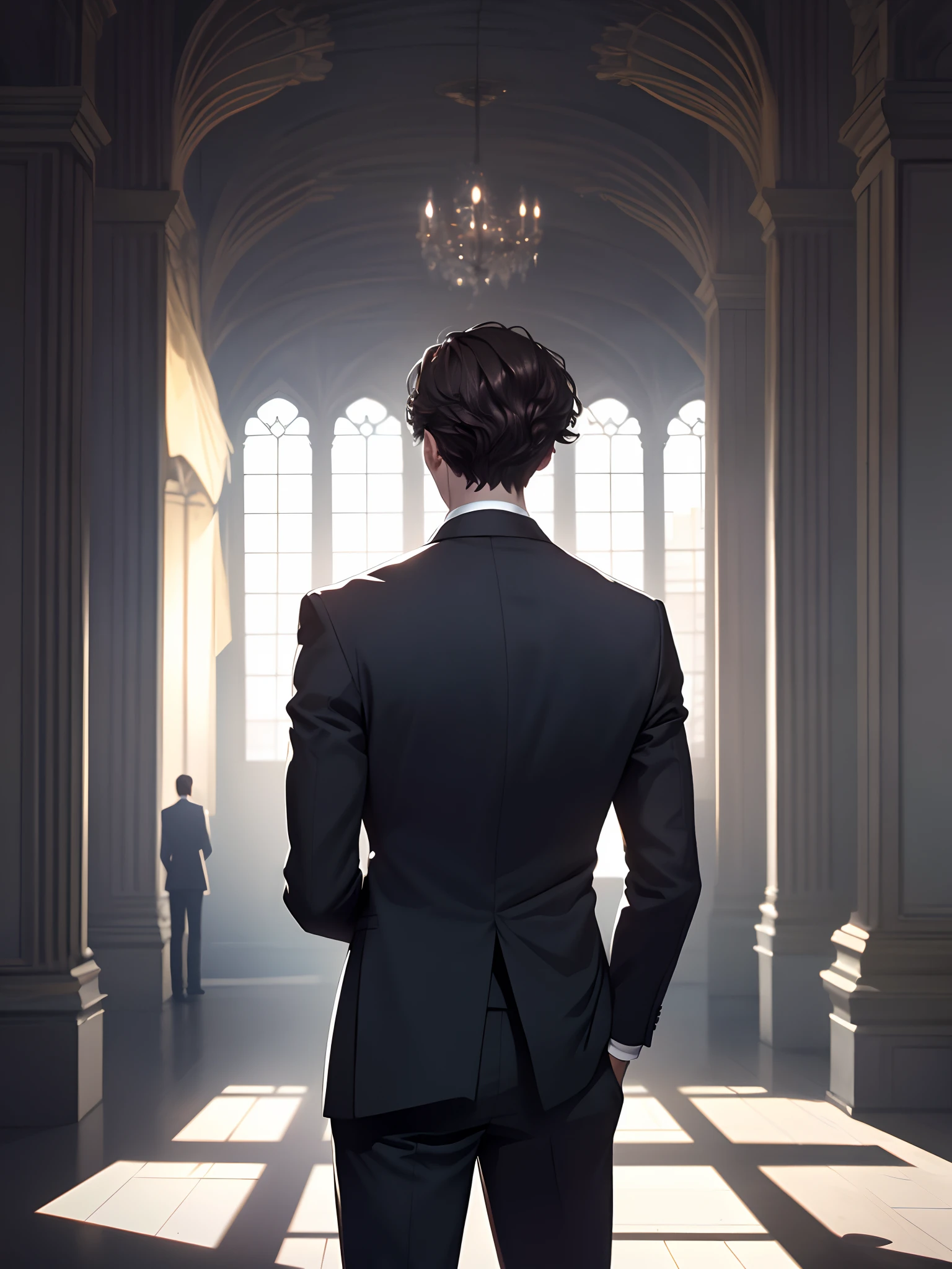 Man in suit with his back to camera Dark scenery 8K quality, obra prima, (dark hair), (dark suit), (background: big window in the palace)