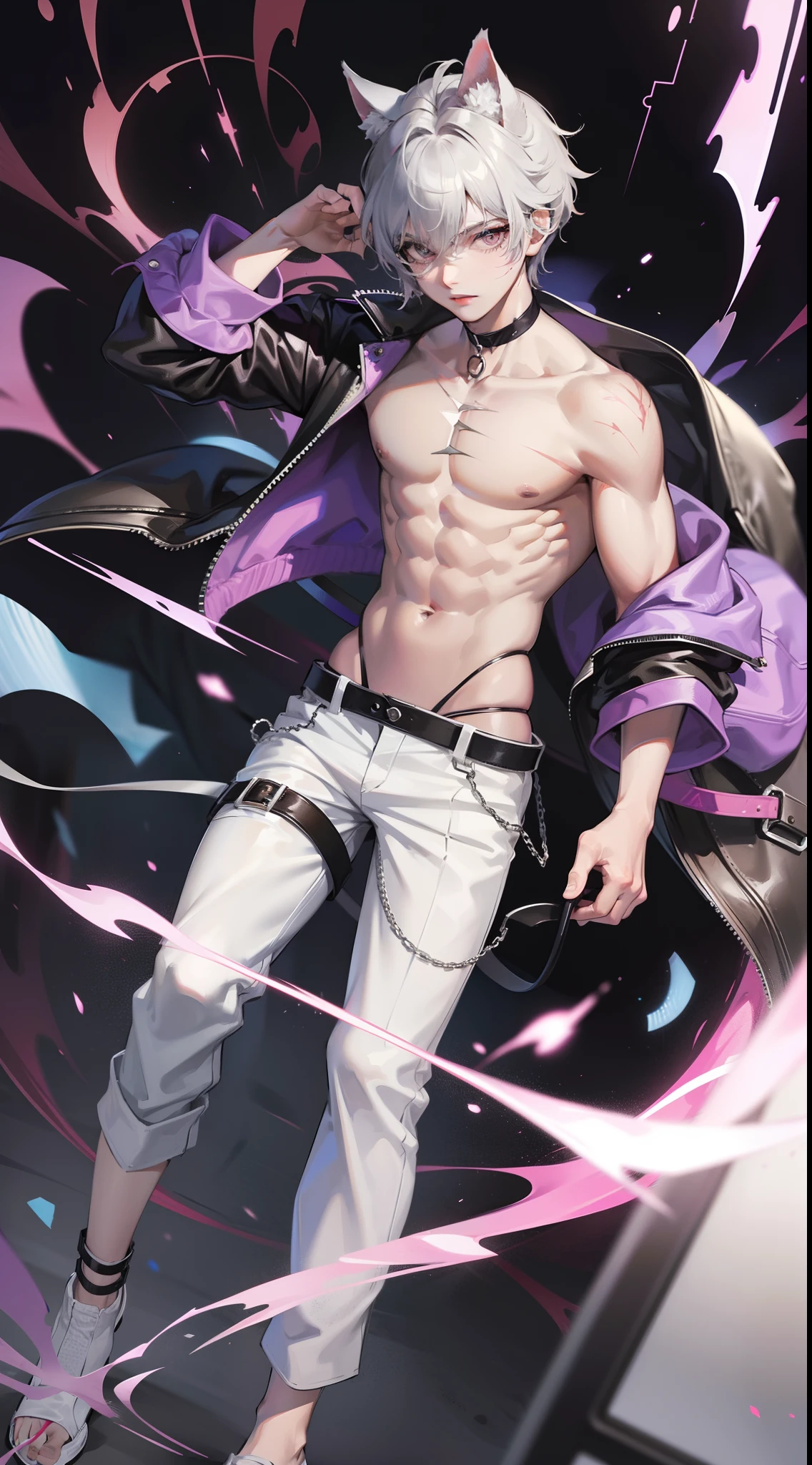 young boy, Gray tousled hair, violet eyes, cat ears, Lots of scars, Lots of lightning strikes, open torso, Body straps, Sleeveless, white baggy pants, Masterpiece, hiquality, high detail, HD, 4k