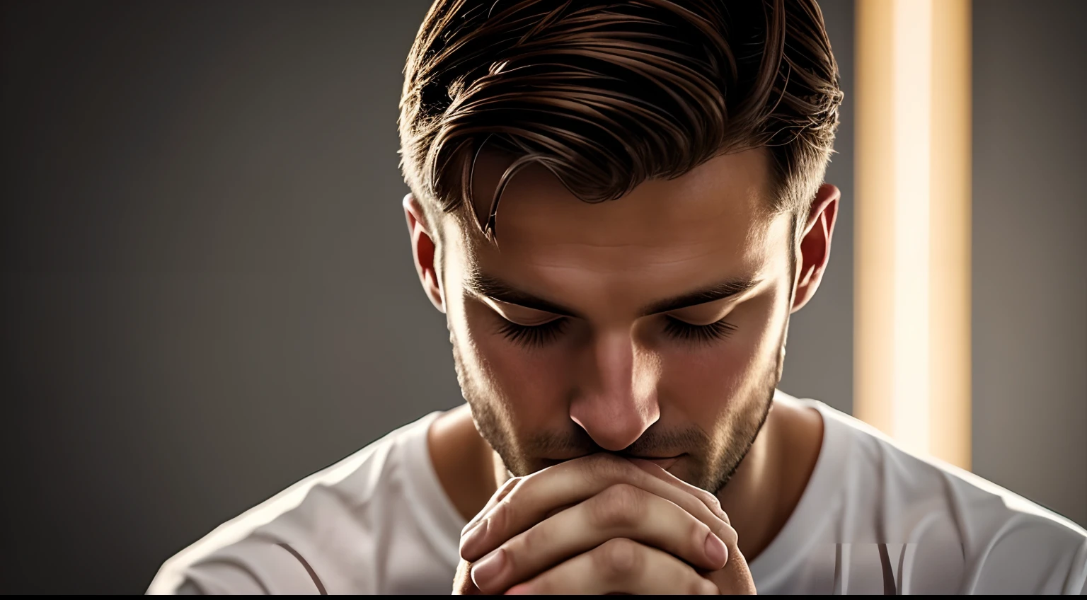 A handsome german man with closed eyes, hands clasped in a prayer gesture, praying with a bright glow surrounding his face and shoulders. He is wearing normal clothing with a high level of realism and many detailed features
