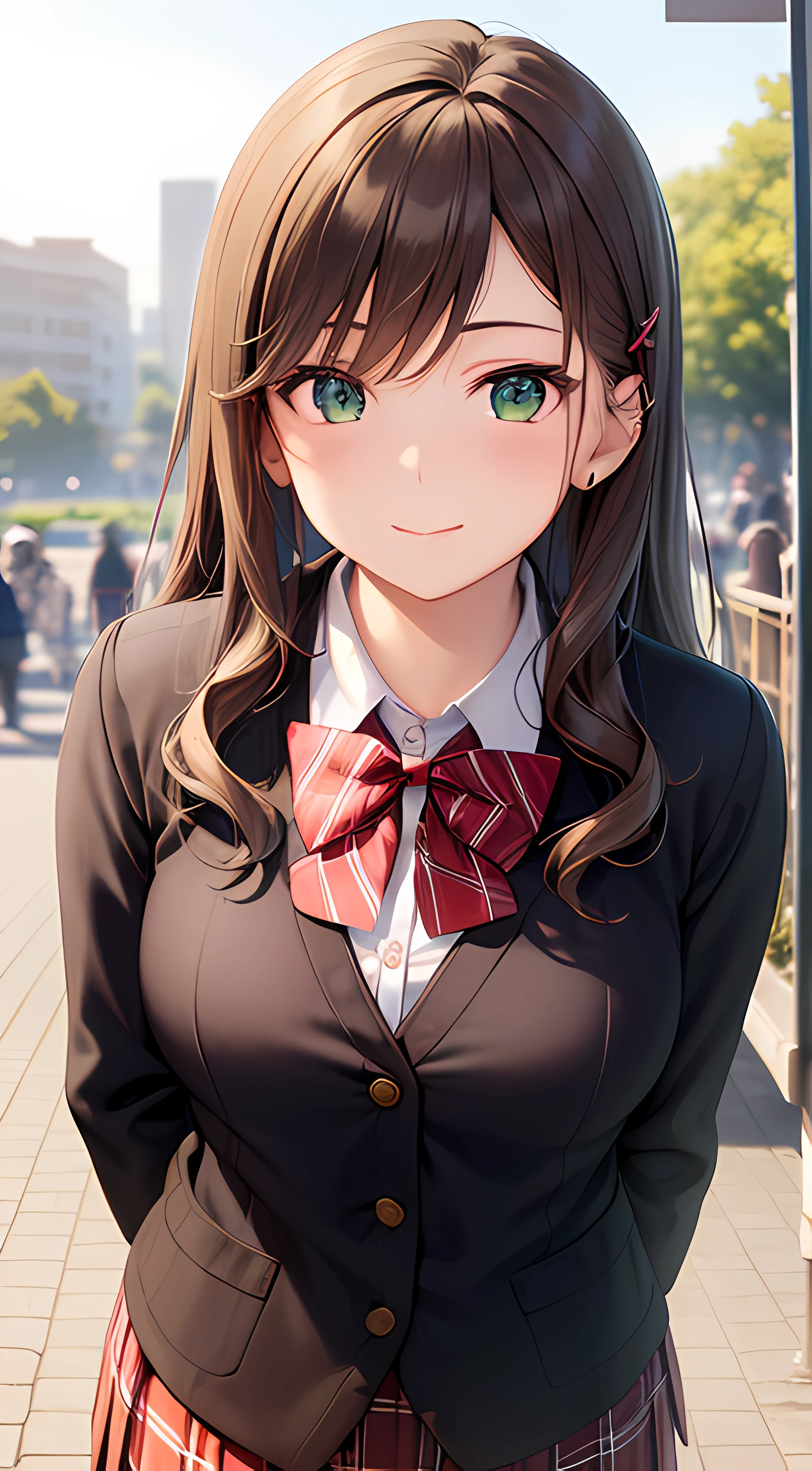 ((masterpiece, best quality, highres, UHD, perfect pixel, depth of field, 4k, RTX, HDR))), 1girl, single, solo, beautiful anime girl, beautiful artstyle, anime character, ((long hair, bangs, dark brown hair, curly hair:0.4, simple hair pin)), ((green eyes:1.4, rounded eyes, beautiful eyelashes, realistic eyes)), ((detailed face, blushing:1.2)), ((smooth texture:0.75, realistic texture:0.65, photorealistic:1.1, anime CG style)), medium breasts, ((dynamic angle, pov, close up)), perfect body, ((red bowtie, school uniform, black jacket, open jacket, brown cardigan, white shirt, black skirt, plaid skirt)), smile, amusement park, hands behind back, leaning forward, cherry blossoms