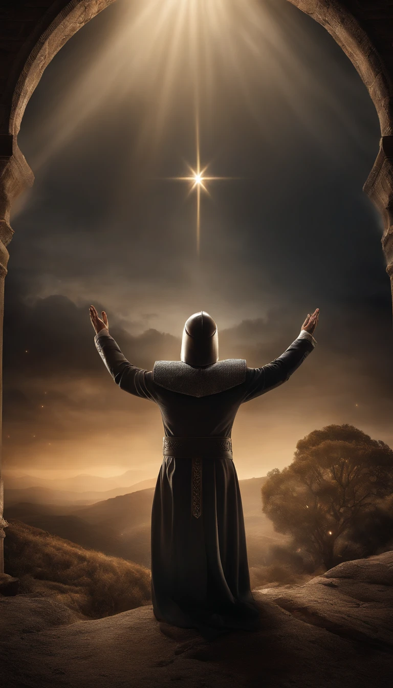 A Knight Templar in Prayer, with hands raised to the sky. Behind her, there is a bright light that represents the presence of God. Crie com cores muito brilhantes, light particles, com luz brilhante, Mshiff, Arte do papel de parede, Papel de parede UHD