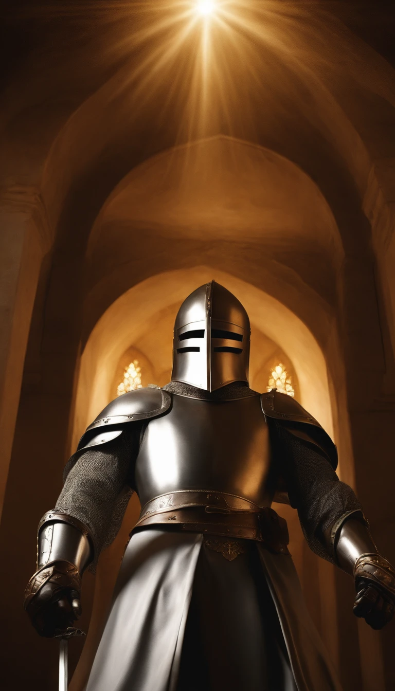 A Knight Templar in Prayer, with hands raised to the sky. Behind her, there is a bright light that represents the presence of God. Crie com cores muito brilhantes, light particles, com luz brilhante, Mshiff, Arte do papel de parede, Papel de parede UHD