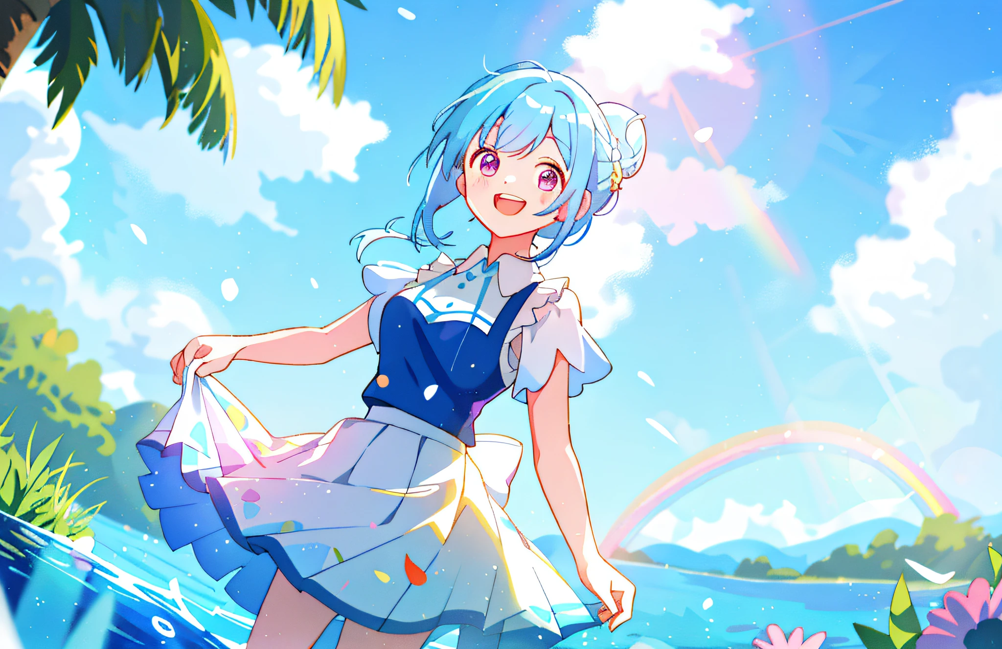 1girll, Skirt, Solo, Outdoors, Estampados florales, Smile, shirt, sky, water, view the viewer, skirt hold, hair-bun, Open mouth, Rainbow, Pink eyes, Cloud, print skirt, day, Blue sky, Short sleeves, :D, tree, Blue hair, Sleeveless, spatter, single hair bun, Yellow shirt, Lens flare, bangs, Breasts, Medium breasts, high waisted skirt, water dripping, Long skirt, side locks, White skirt, Dutch angle