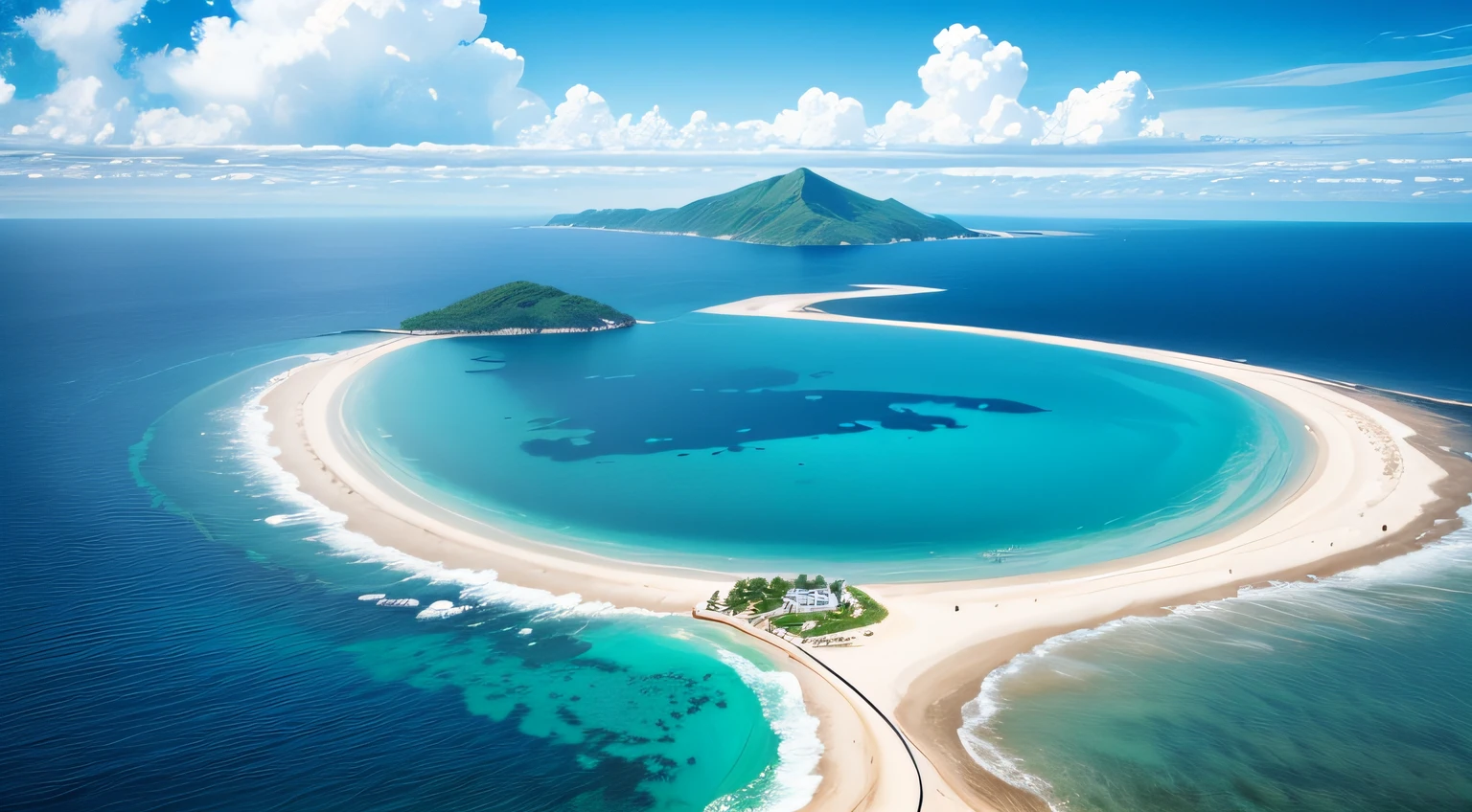 Beautiful scenery，Blue sea，A wide sea，There is a small island in the distance，Wide field of view，Blue sky
