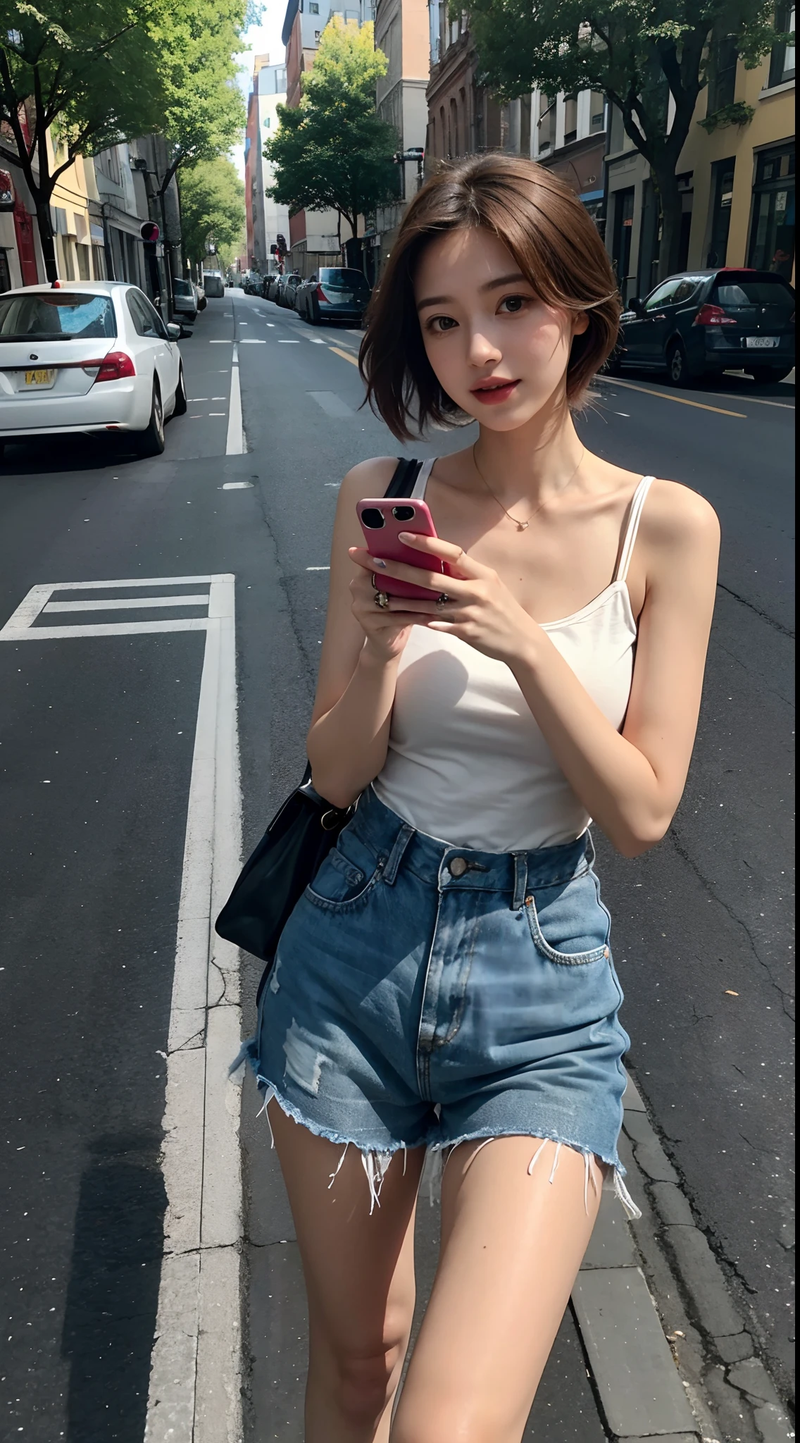 Beautiful woman, fiddling with cell phone in the middle of the street, short clothes