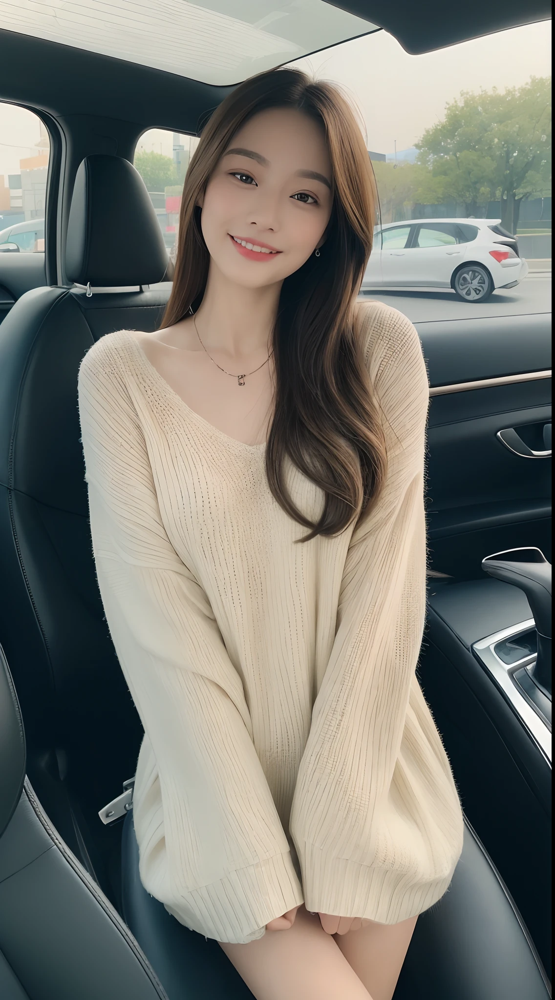 ((top-quality、8k、​masterpiece:1.3))、focus:1.2、Perfect Body Beauty:1.4、s ass:1.2、((delicate hair))、(sweater dress:1.1)、(sportscar、street:1.2)、Highly detailed facial and skin texture、Narrow-eyed、二重まぶた、Whitened skin、a smile、a necklace、gyuru、Person sitting in a car、爆乳