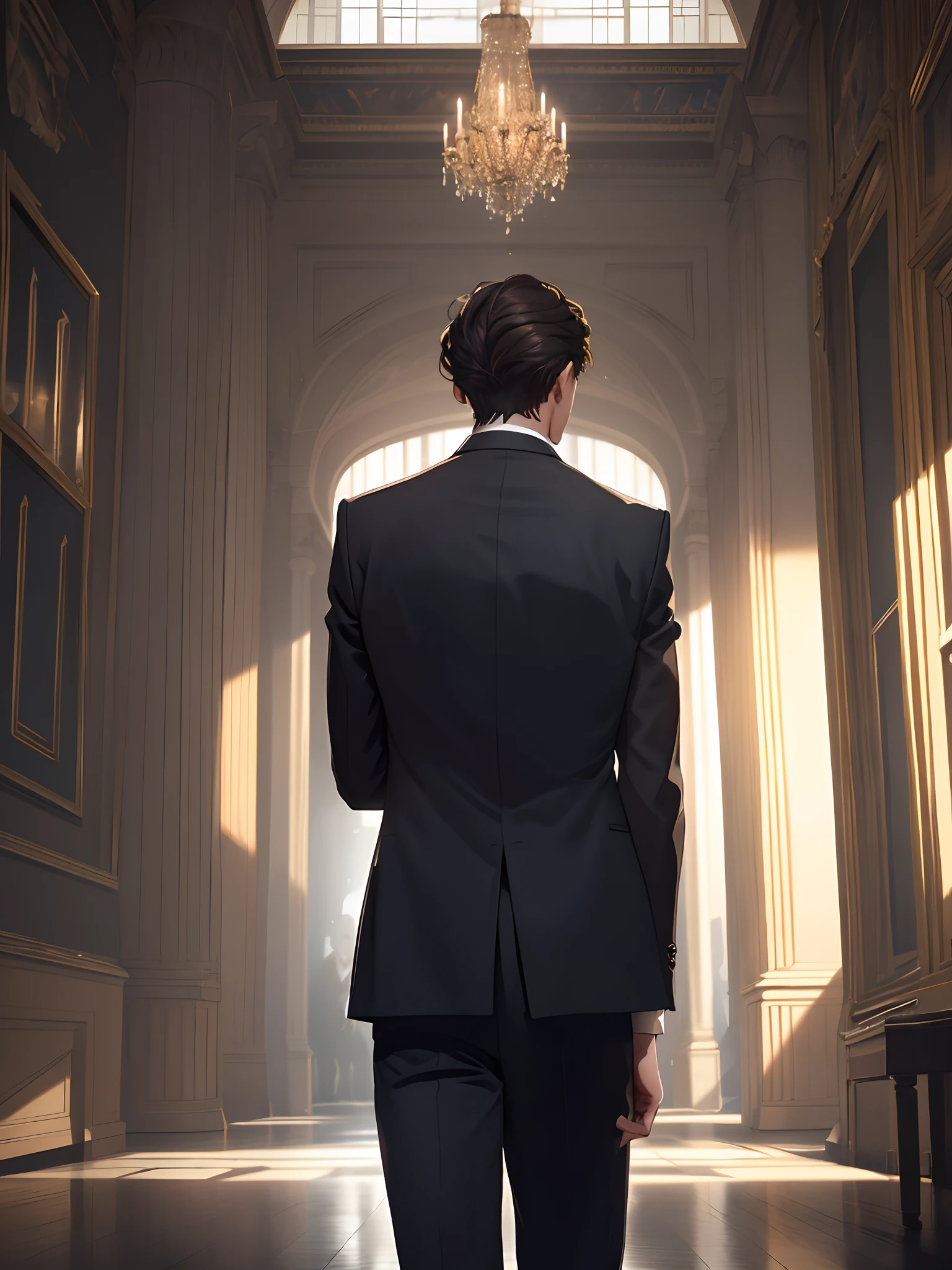 Man in suit with his back to camera Dark scenery 8K quality, obra prima, (dark hair), (dark suit), (background: big window in the palace)