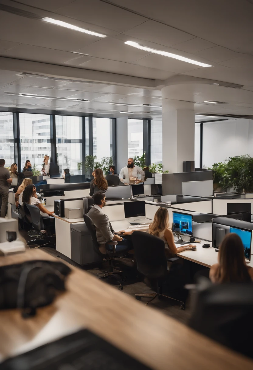 fotografia Horizontal muy realista de 4 mujeres , 2 mujeres latinas, 2 mujeres negras , 4 hombres jovenes latinos , 10 a 8 personas , Personas sentadas en escritorios en una oficina con vistas a una ciudad, Trabajar en una oficina, Personas en el trabajo, Antecedentes de la oficina, Fellows, Oficina abierta, en un espacio de trabajo de espacio abierto, Occupied room, Oficinas, sentado en la oficina, Oficina moderna, en una oficina, Personas sentadas en mesas, Gente ocupada, Antecedentes interesantes, sentado frente a una computadora, photo 8k , chicas y chicos, rostro detallado , sillas de rueda , photo vertical , 8k , Ultrarealist