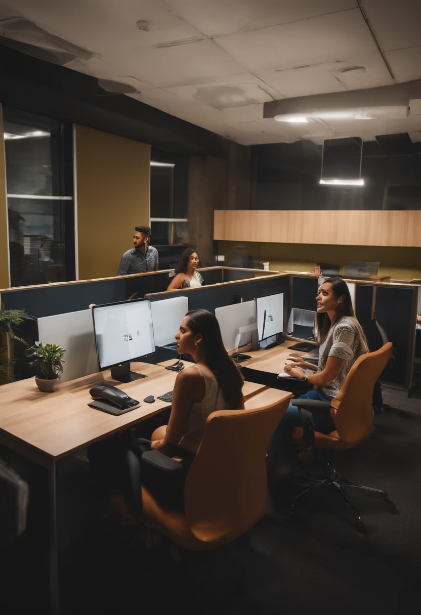 fotografia Horizontal muy realista de 4 mujeres , 2 mujeres latinas, 2 mujeres negras  , 4 hombres jovenes latinos , 10 a 8  personas , Personas sentadas en escritorios en una oficina con vistas a una ciudad, Trabajar en una oficina, Personas en el trabajo, Antecedentes de la oficina, Fellows, Oficina abierta, en un espacio de trabajo de espacio abierto, Occupied room, Oficinas, sentado en la oficina, Oficina moderna, en una oficina, Personas sentadas en mesas, Gente ocupada, Antecedentes interesantes, sentado frente a una computadora, photo 8k , chicas y chicos, rostro detallado , sillas de rueda , photo vertical , 8k , Ultrarealist