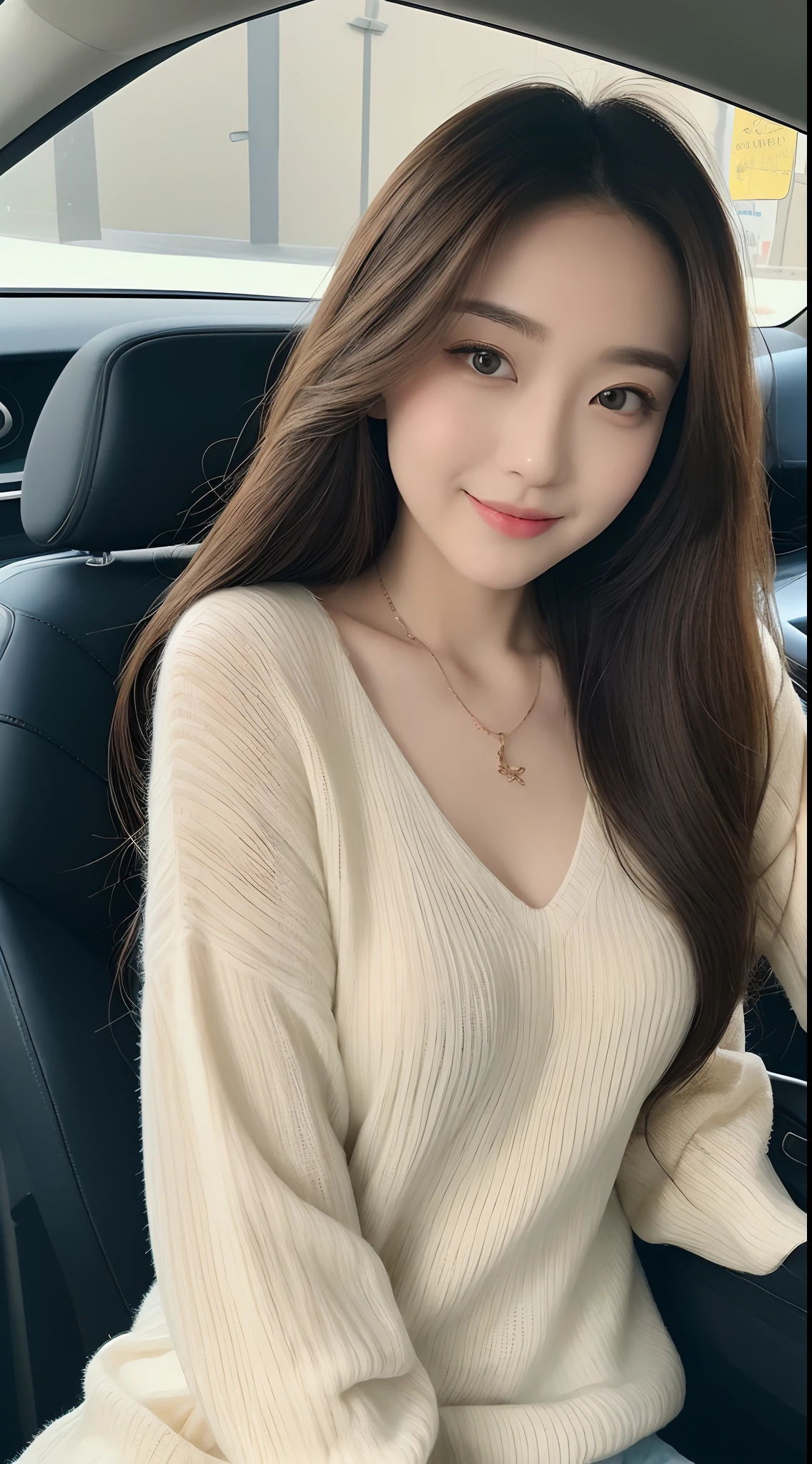 ((top-quality、8k、masterpiece:1.3))、focus:1.2、Perfect Body Beauty:1.4、s ass:1.2、((delicate hair))、(sweater dress:1.1)、(sportscar、street:1.2)、Highly detailed facial and skin texture、Narrow-eyed、二重まぶた、Whitened skin、a smile、a necklace、gyuru、Person sitting in a car、爆乳