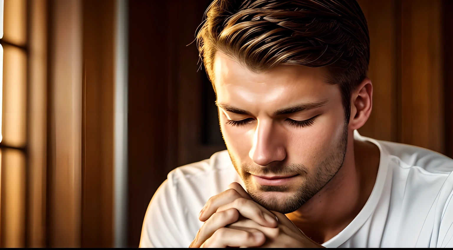 A handsome german man with closed eyes, hands clasped in a prayer gesture, praying with a bright glow surrounding his face and shoulders. He is wearing normal clothing with a high level of realism and many detailed features