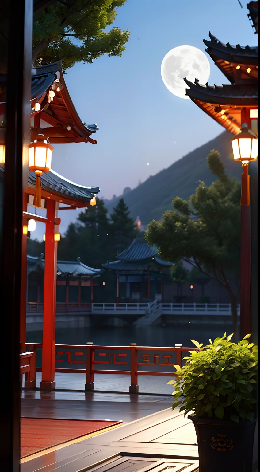(The background is a night view of a Chinese courtyard with a full moon:1.4), (Foreground fence:1.2),yellow lanterns,calm evening. dreamlike illustration, illustration!, Chinese fantasy, Fine quality illustrations,Digital illustration, 8K high quality detailed art, Anime background art, digital painting of a pagoda, Rosla global lighting, background artwork, G Liulian art style, 4K detailed digital art, arte de fundo, Zen temple background, quiet and serene atmosphere