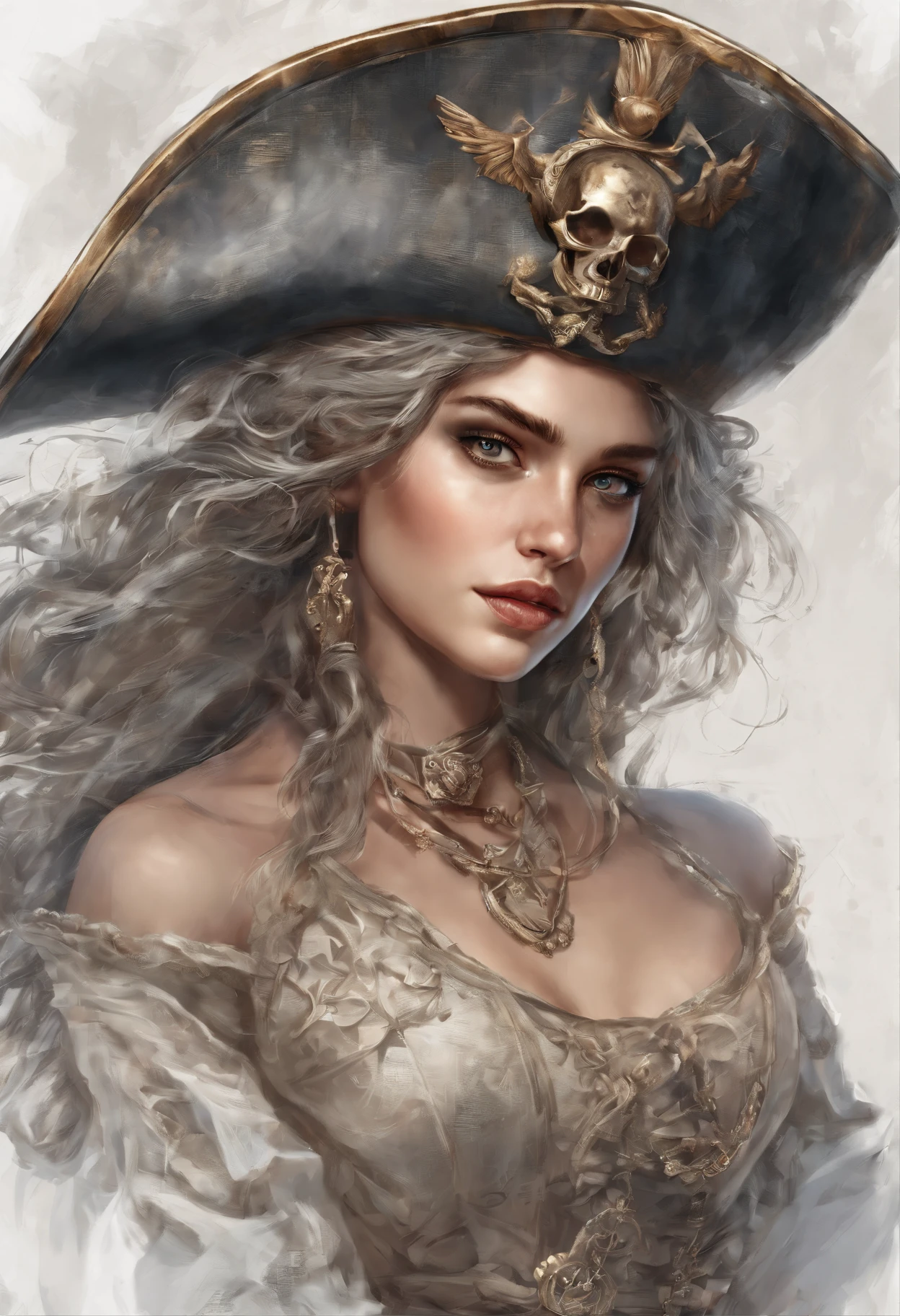 angelic girl dressed as a pirate posing, precise details, detailed face, fantasy, dramatic, intricate, elegant, highly detailed, Digital painting, art station, concept art, Sharp soft focus, illustration, art by Gustave Dore, Octane, 4k, (only:1.4)