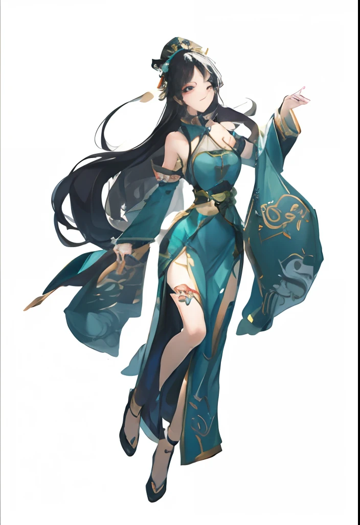 A woman in a blue dress dances with her arms outstretched, full-body xianxia, onmyoji